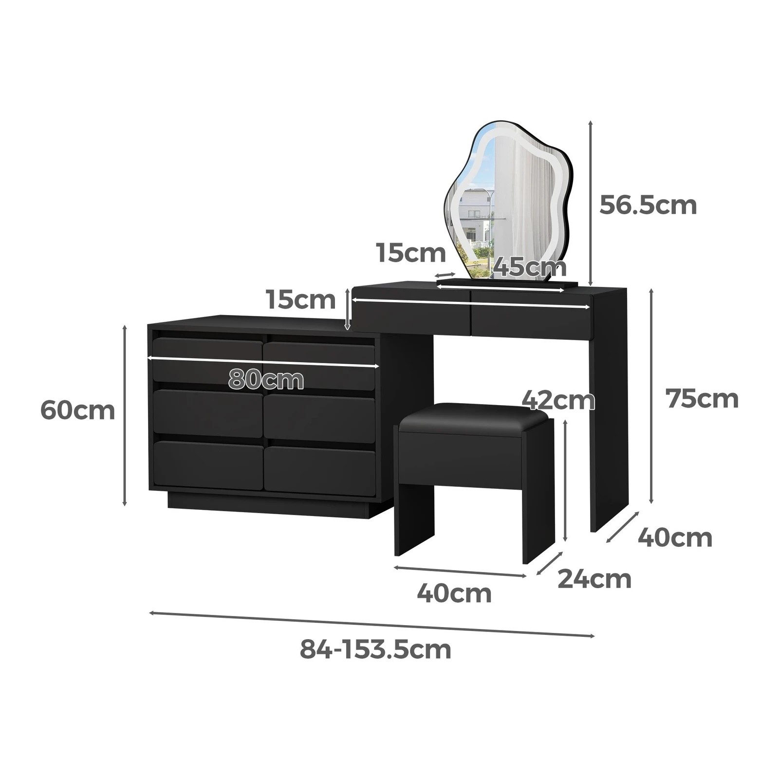 9 Alfordson Dressing Table Stool Set Makeup Mirror Desk LED 8 Drawers - Black, 9 of 10