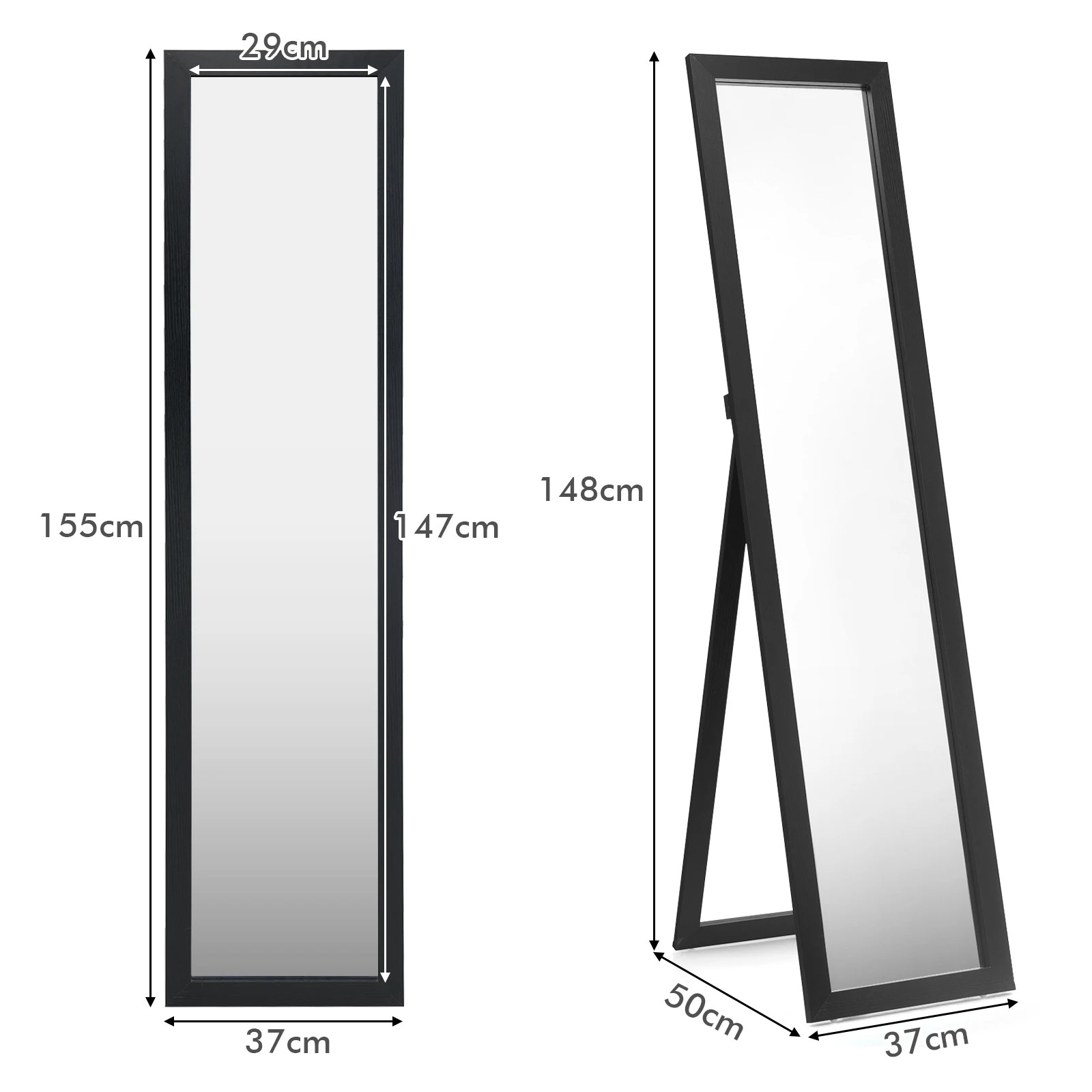 2 Costway Full-length Wood Mirror Standing & Wall Mirror 155 x 37cm - Black, 2 of 3