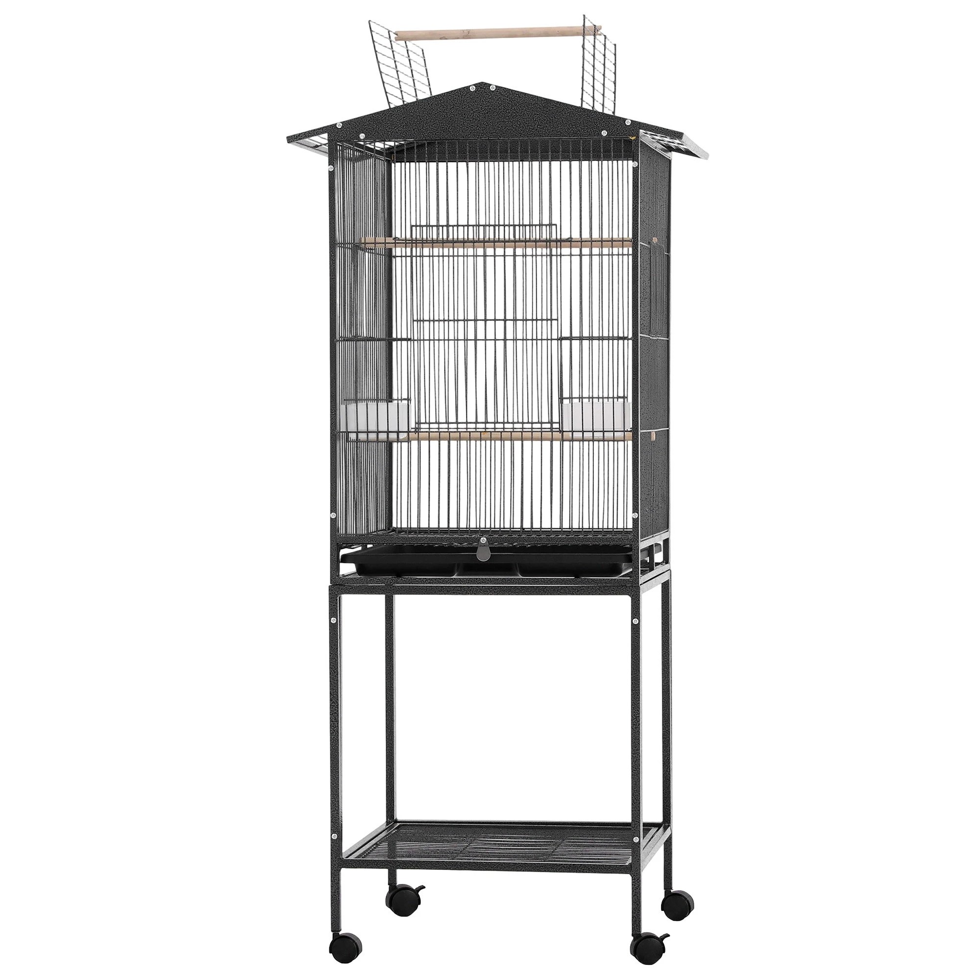 1 i.Pet 136cm Bird Cage Aviary Open Top Parrot Budgie Stand Wheels Black - Black, 1 of 8