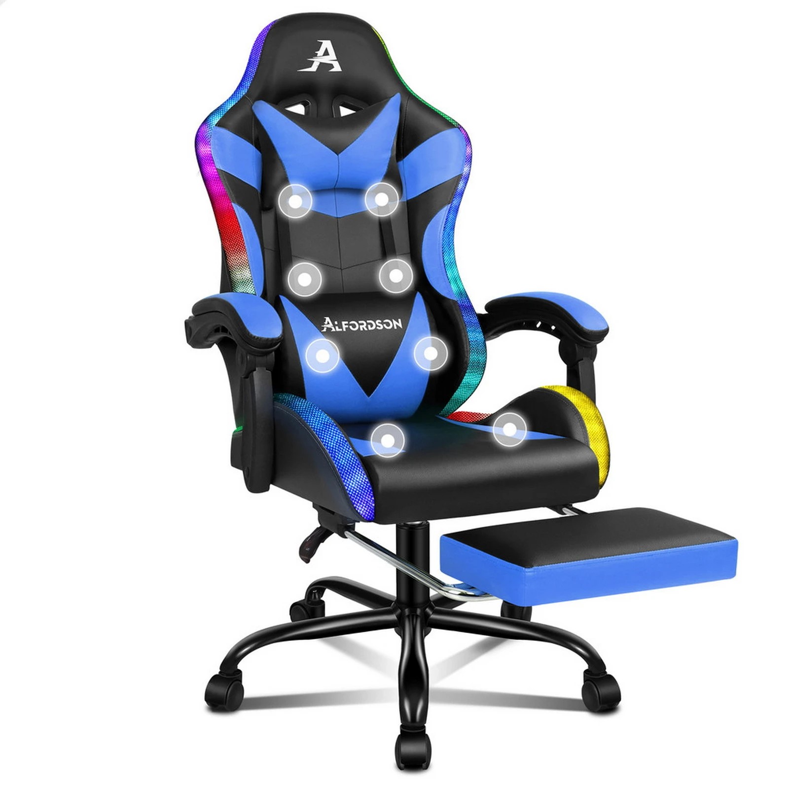 1 Alfordson Gaming Chair Office Massage 12 RGB LED Computer Seat PU Leather - Blue, 1 of 10
