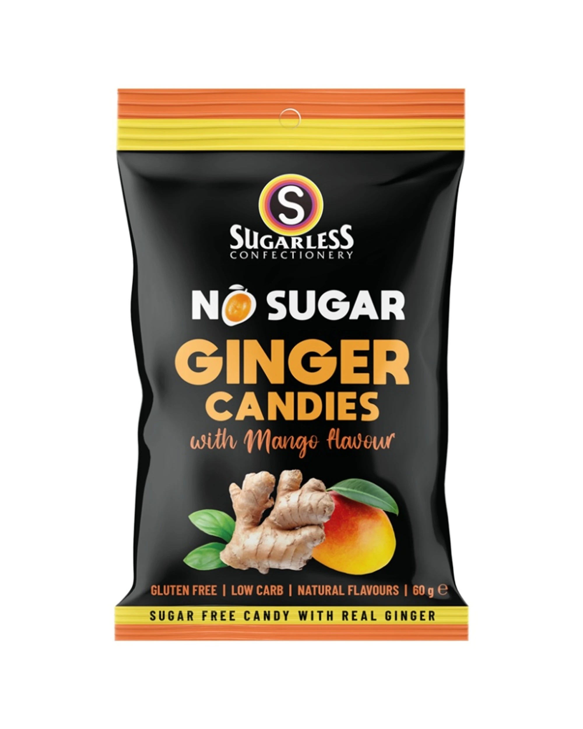 1 Sugarless Confectionery Co Mango flavoured Ginger Candies 60g, 1 of 4