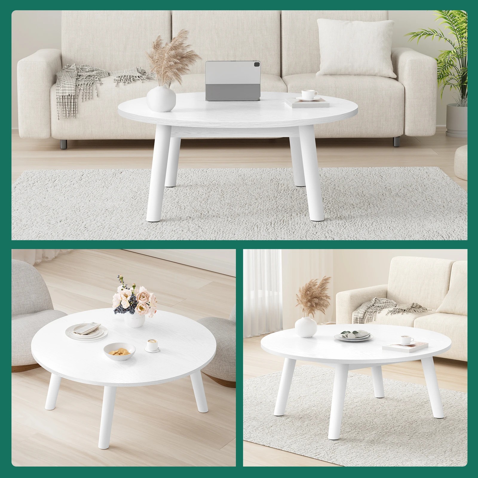 6 Alfordson Coffee Table Modern Round Table Sturdy Wooden Legs Living Room - White, 6 of 10