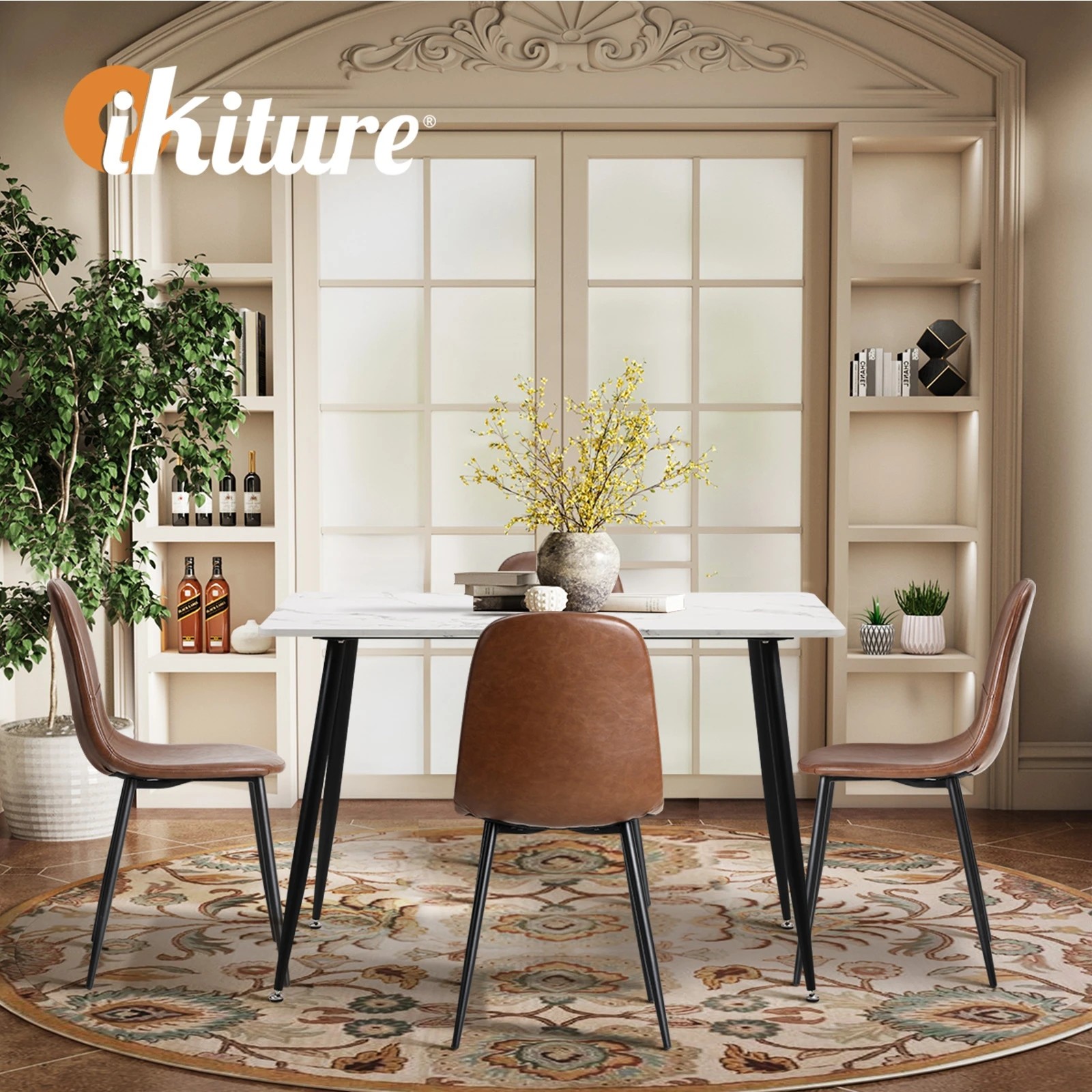 6 Oikiture 120cm Rectangle Dining Table with 4PCS Dining Chairs PU - Brown, 6 of 9