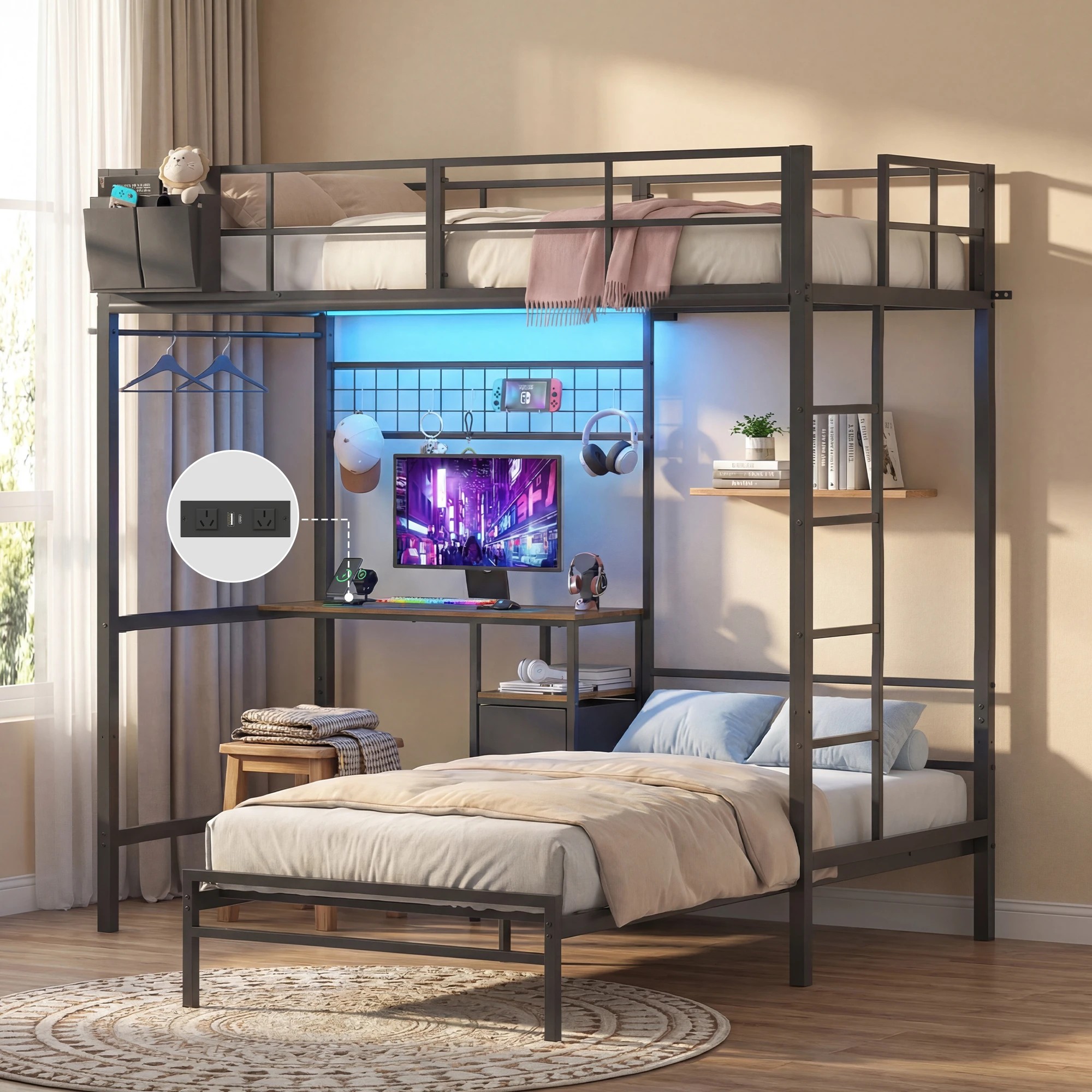 2 Advwin L-Shaped Bunk Bed with Desk Charging Station LED Light King Single - Black, 2 of 8