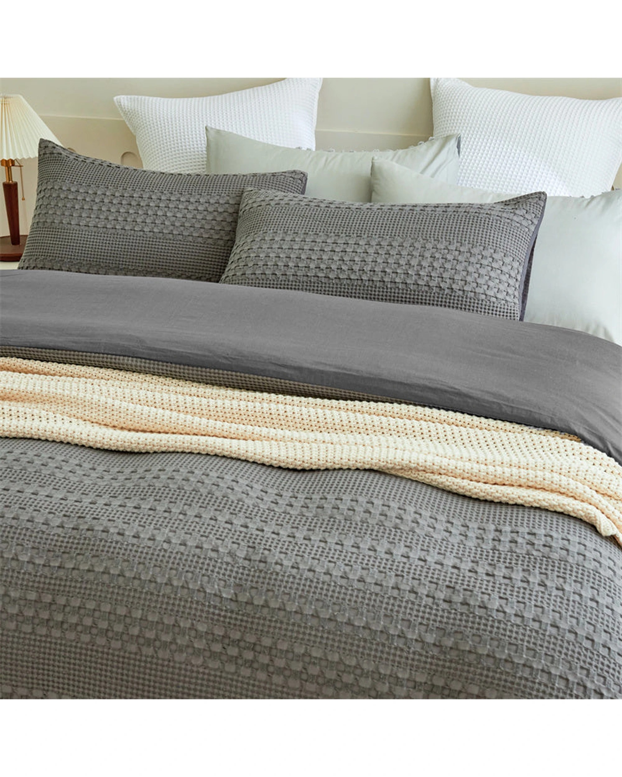 4 Cotton More 100% Cotton Striped Large Waffle Pattern Quilt Doona Set Queen - Grey, 4 of 7