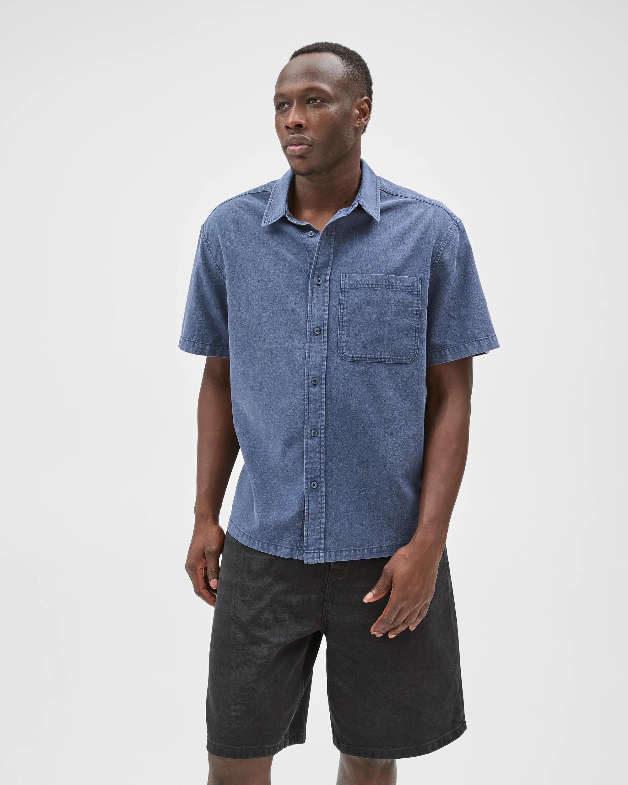 4 Commons Australian Cotton Plain Textured Boxy Fit Short Sleeve Shirt OMBRE BLUE, 4 of 7