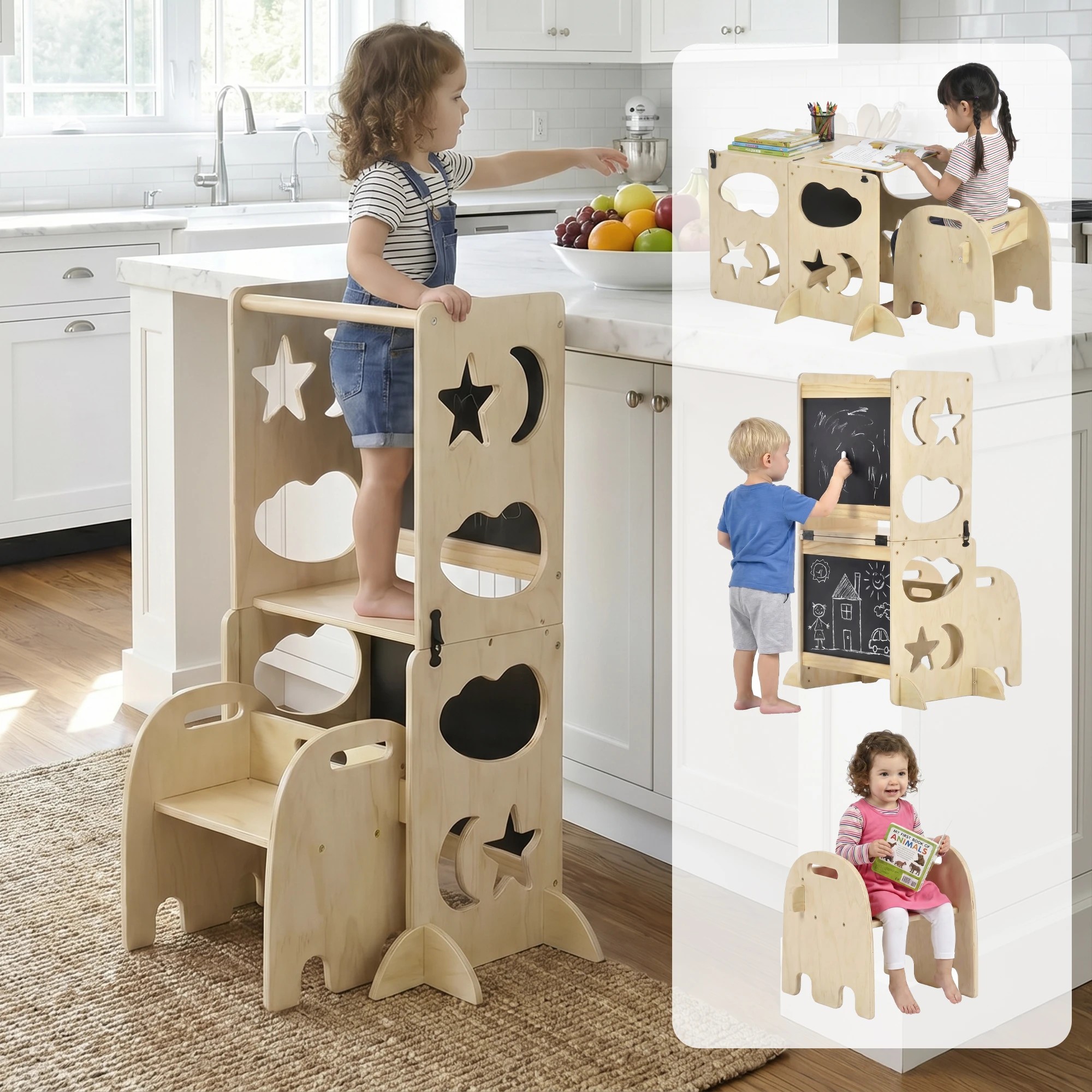 3 Advwin Toddler Kitchen Step Stool Helper w/ Double Blackboard & Safety Rail Foldable Standing Learning Tower - Multi, 3 of 7