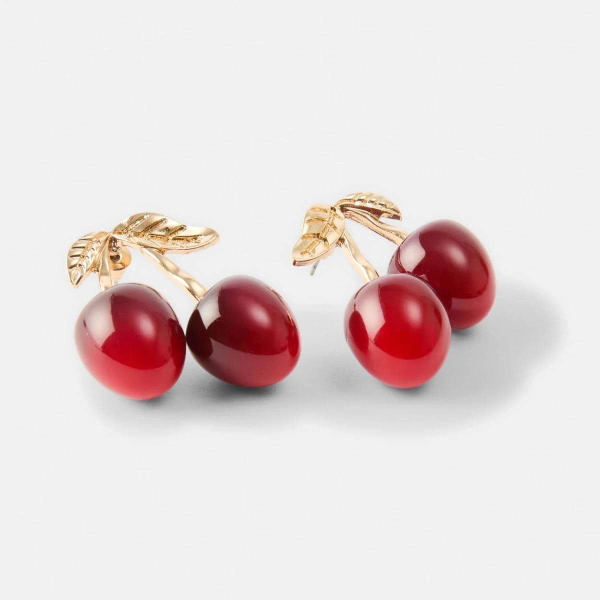 2 3D Cherry Stud Earrings - Red and Gold Tone BURGUNDY CHERRY, 2 of 5
