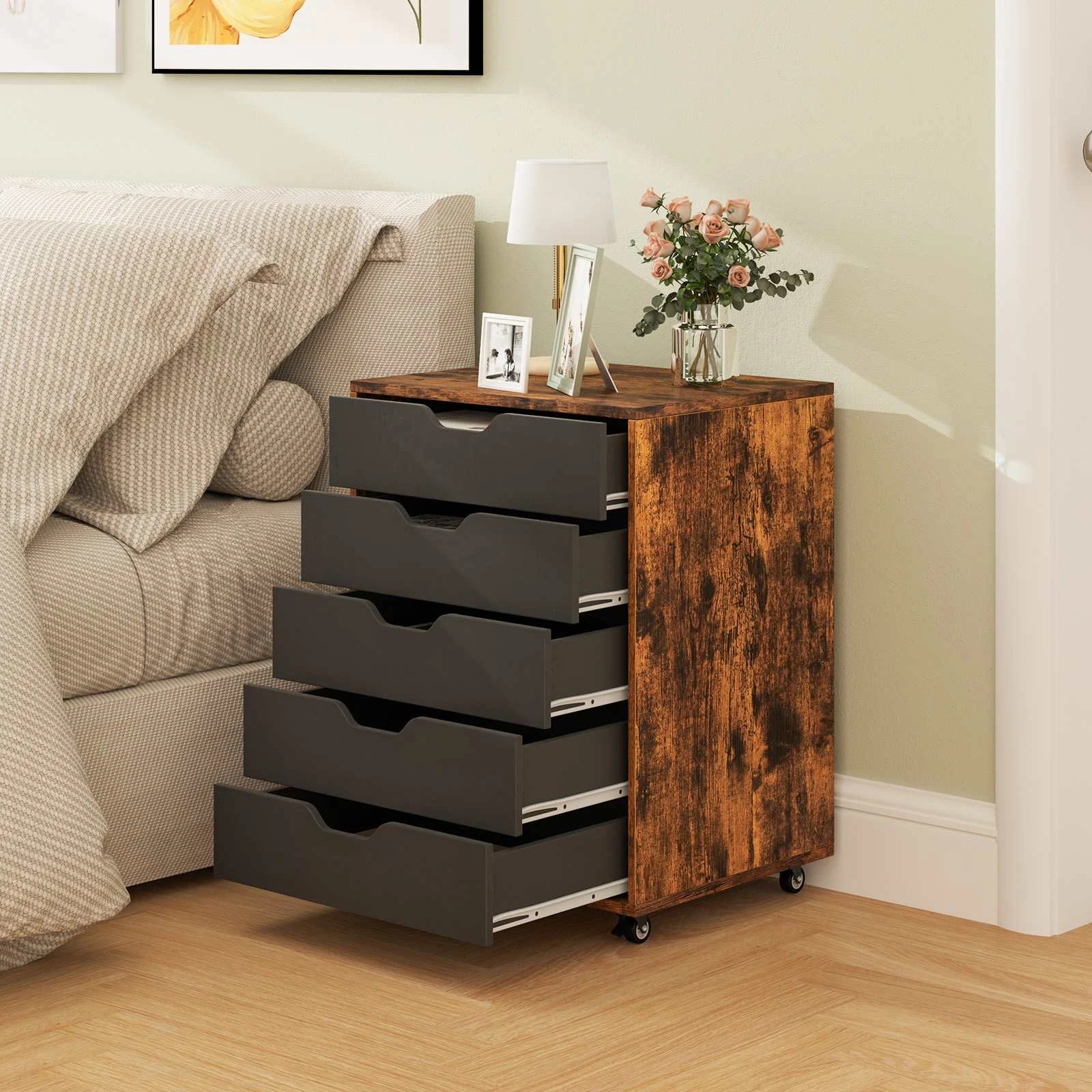 2 Costway 5 Drawer Mobile File Cabinet Rolling Storage Drawer Chest for Home Office - Brown, 2 of 2