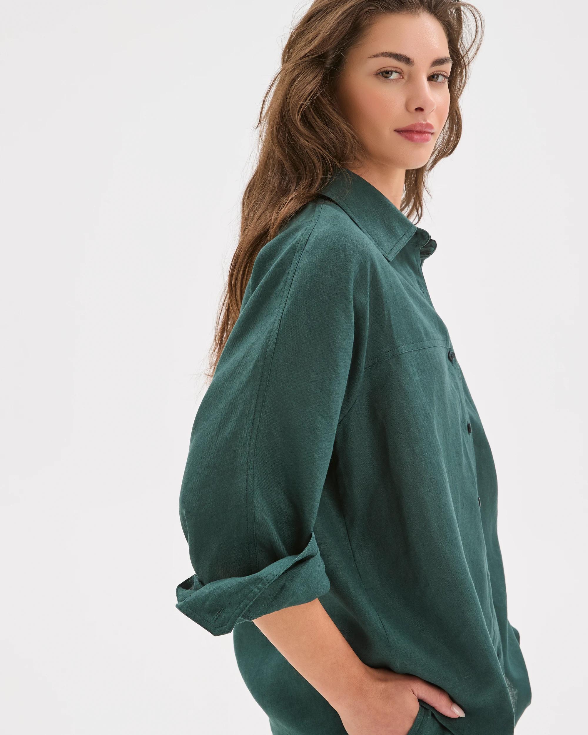5 Target Petites Petites European Linen Seamed Shirt DEEP GREEN, 5 of 7