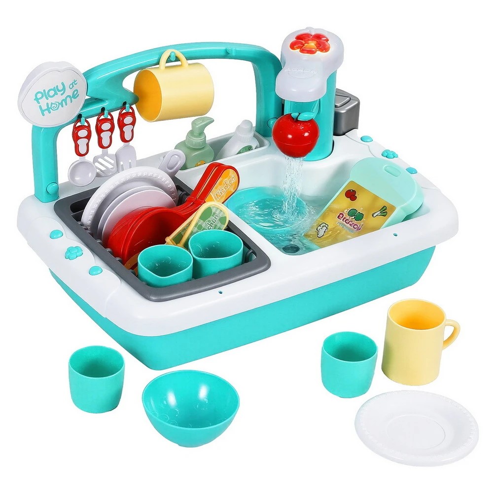 1 Keezi Kids Kitchen Play Set Play Pretend Sink Dishwasher Toys Green - Multi, 1 of 8