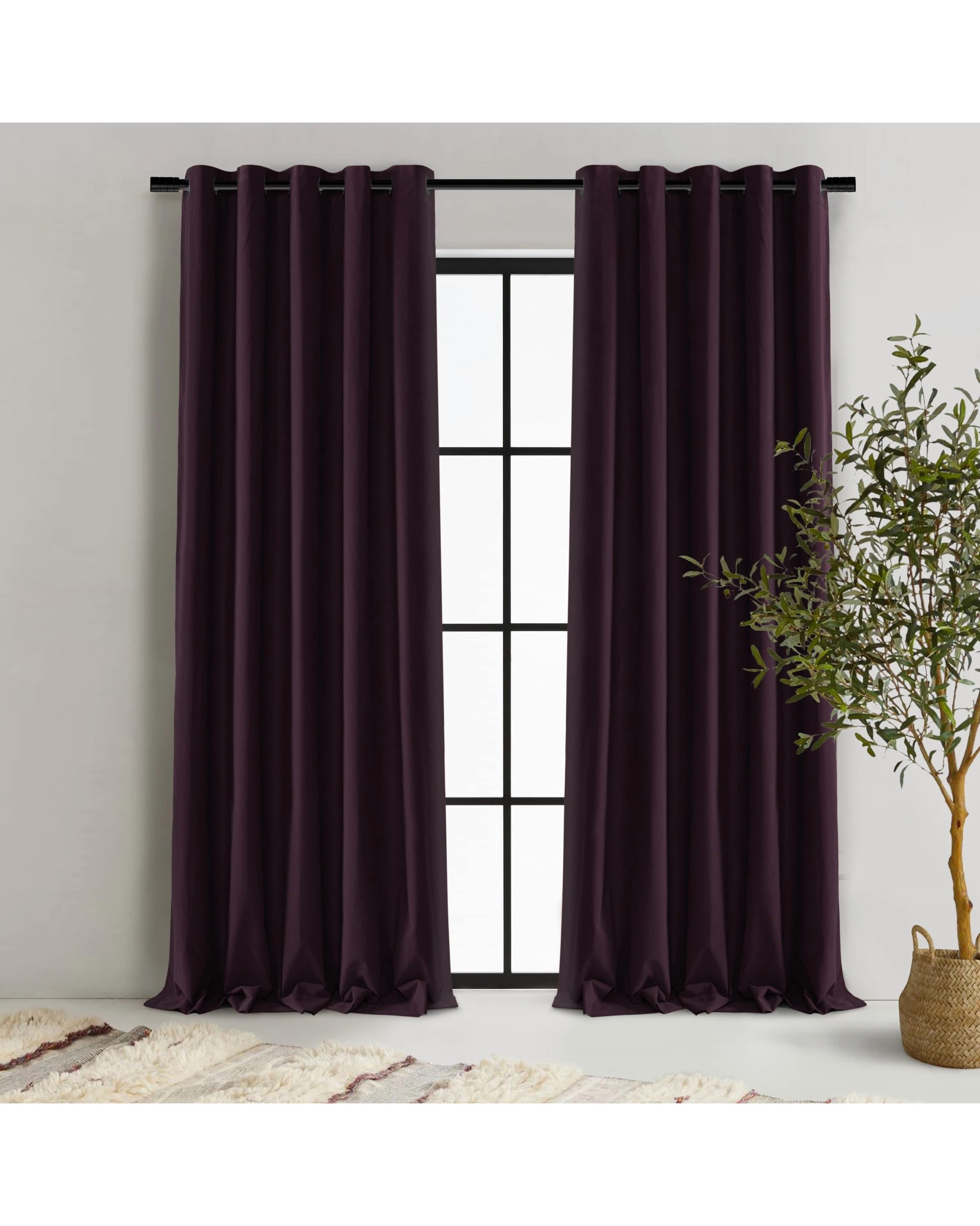 1 Cadence & Co. Byron Matte Velvet 100% Blockout Eyelet Curtain Twin Pack 225x223cm - Aubergine, 1 of 5