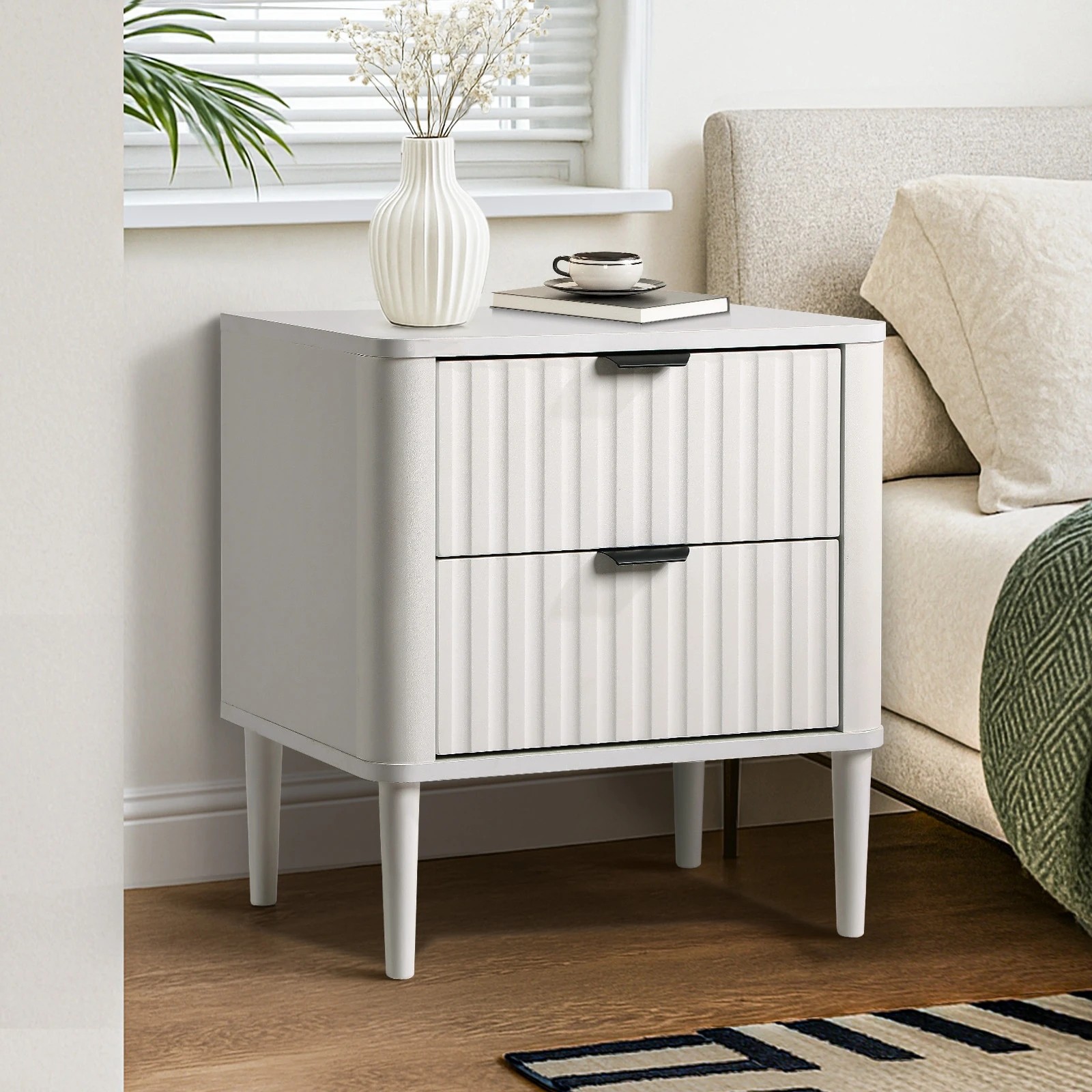 1 Oikiture Bedside Table Nightstand Side Storage 2 Drawers Cabinet - White, 1 of 9