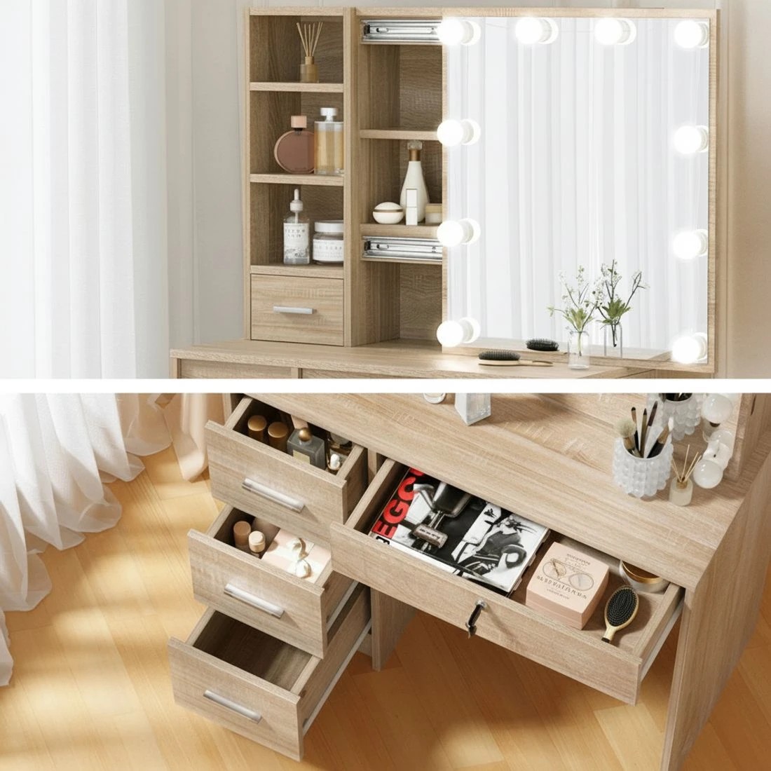 7 Artiss Dressing Table Set Stool 10 Led Bulbs Wood - Natural, 7 of 8