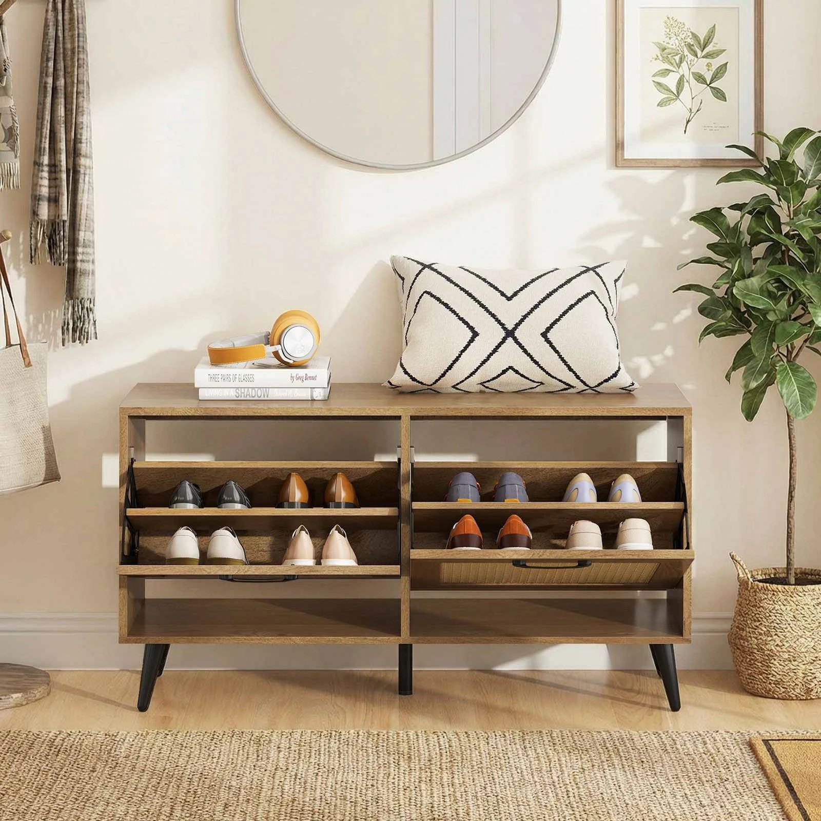 1 Costway Rattan Shoe Storage Cabinet Rack 2 Flip Drawer Organizer Stand Narrow Side Table, 1 of 3