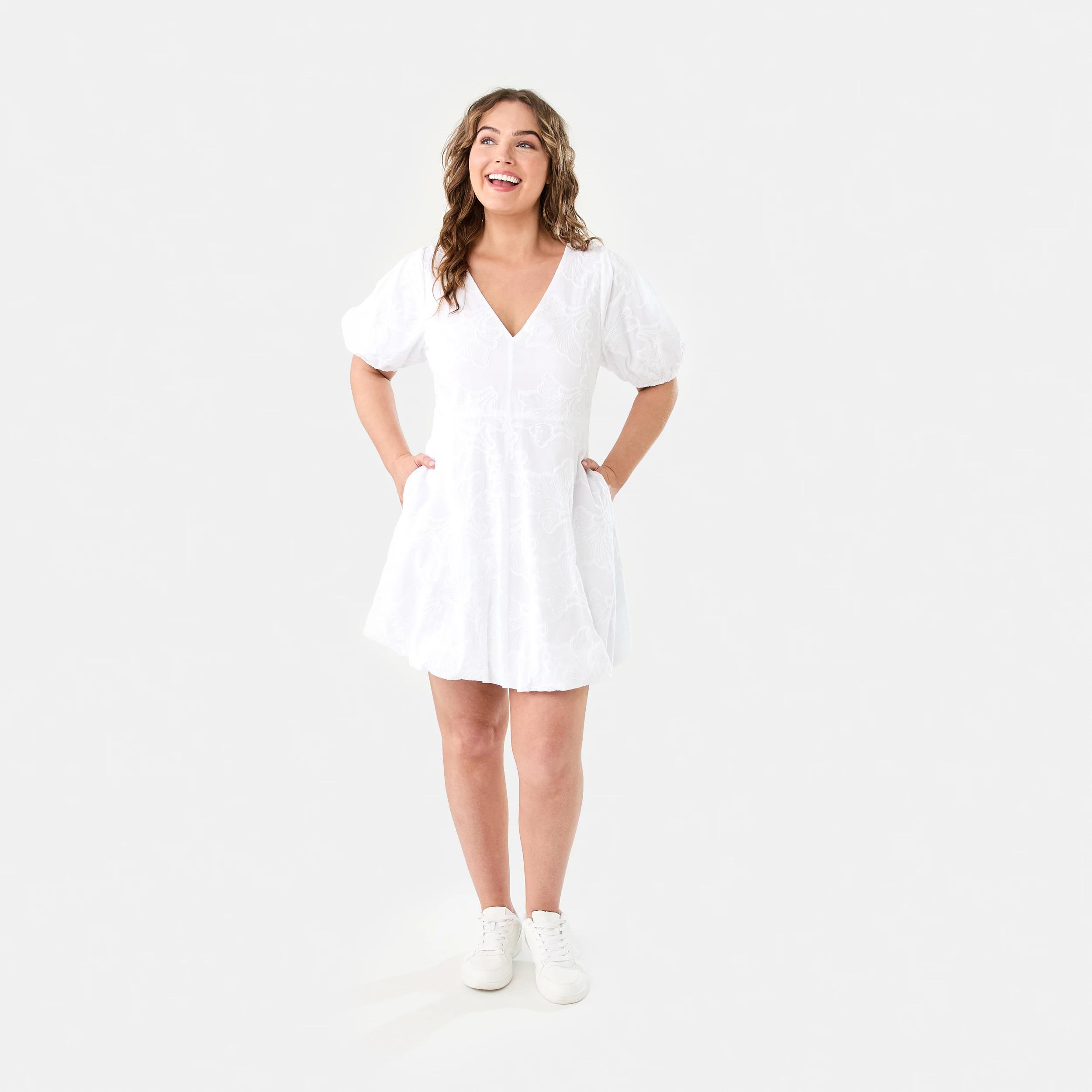 10 Short Sleeve Broderie Puff Sleeve Mini Dress White, 10 of 10