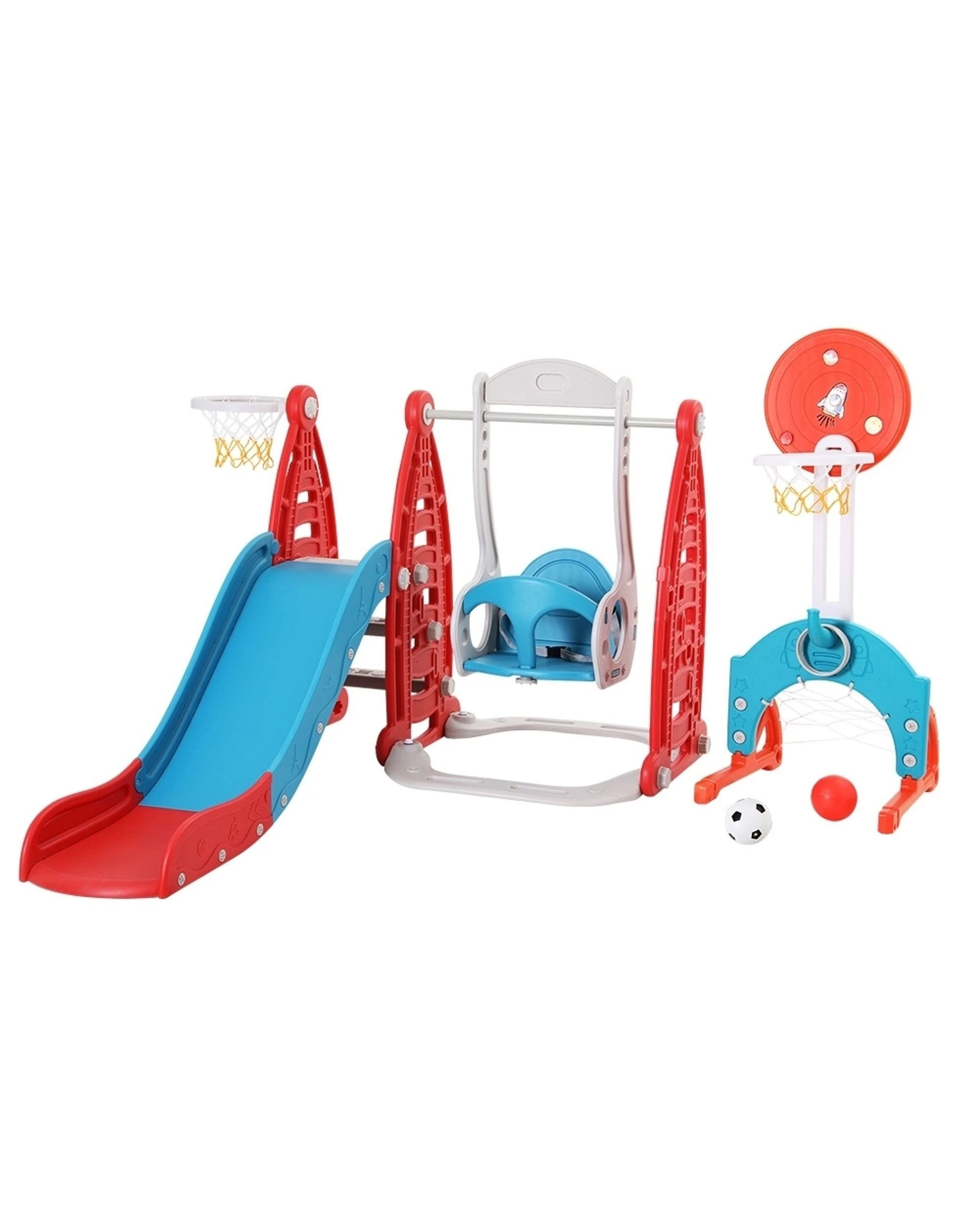 1 Keezi Kids Slide Swing Set Basketball Hoop Rings Football Outdoor Toys 140cm - Multi, 1 of 5