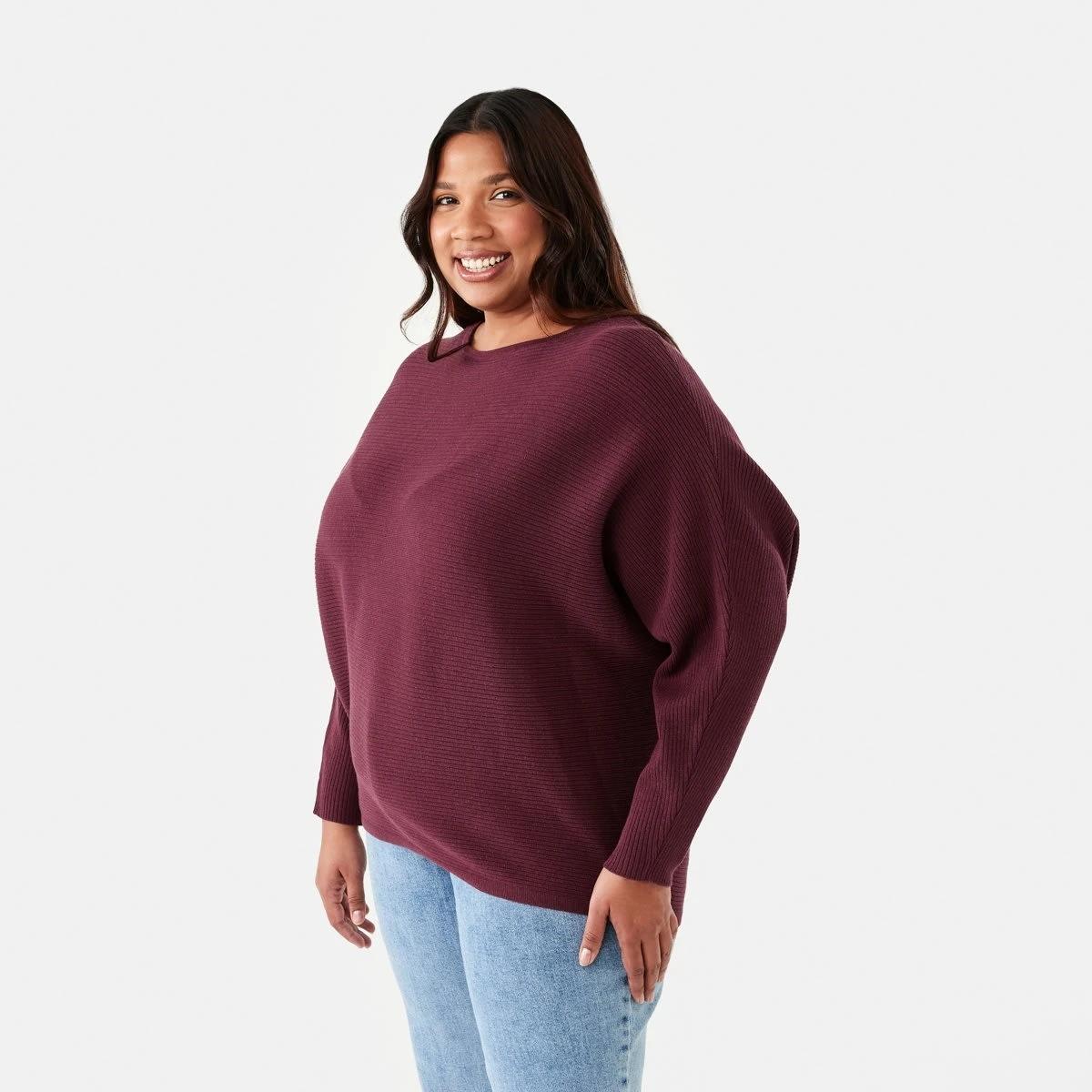 2 Curve Long Sleeve Batwing Jumper Mulberry, 2 of 5