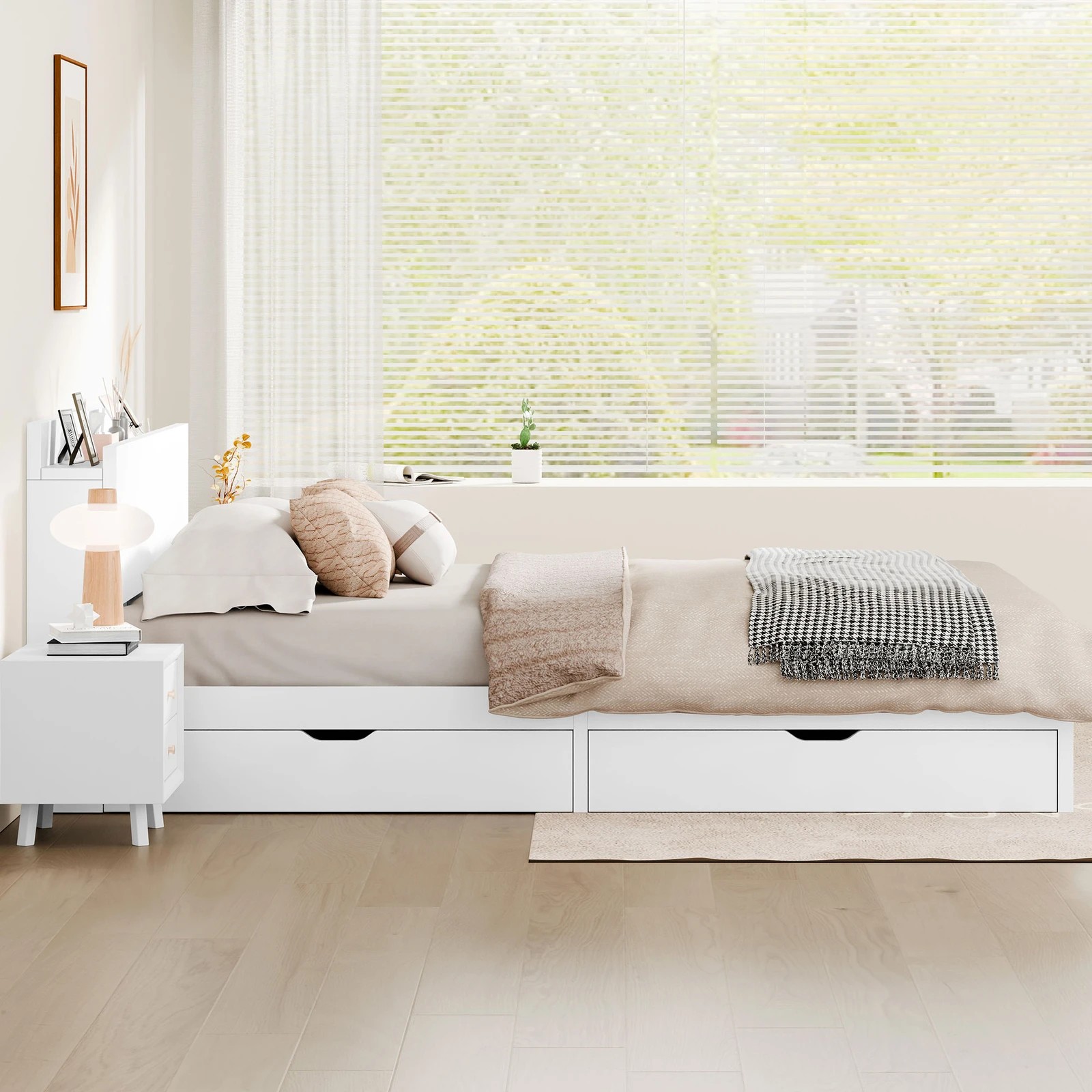 4 Alfordson Wooden Bed Frame Queen Size with Charging Station & 2 Drawers - White, 4 of 10