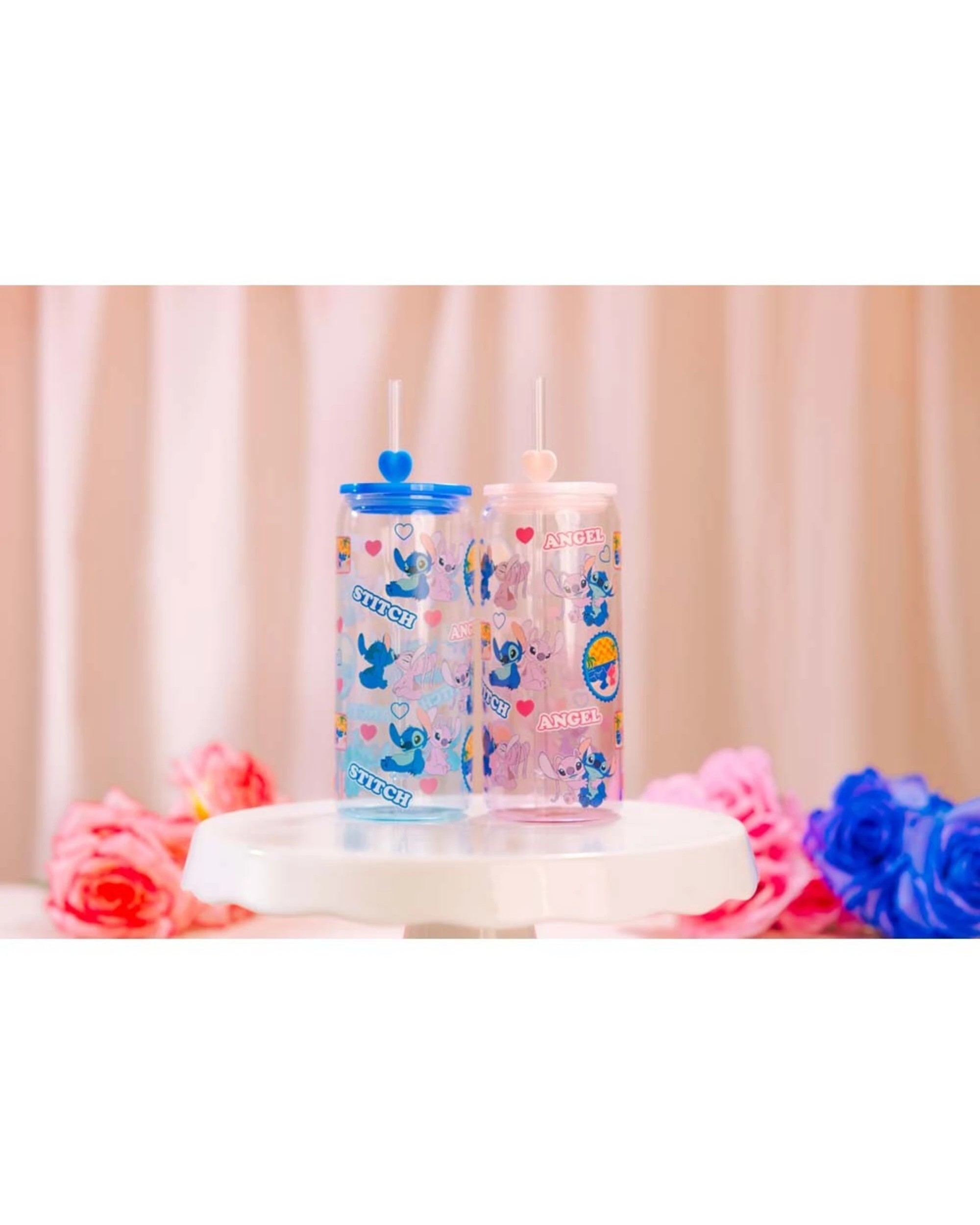 4 Disney - Lilo & Stitch - Stitch Stamps Glass Cup with Straw Twin Pack - Blue,Pink, 4 of 4