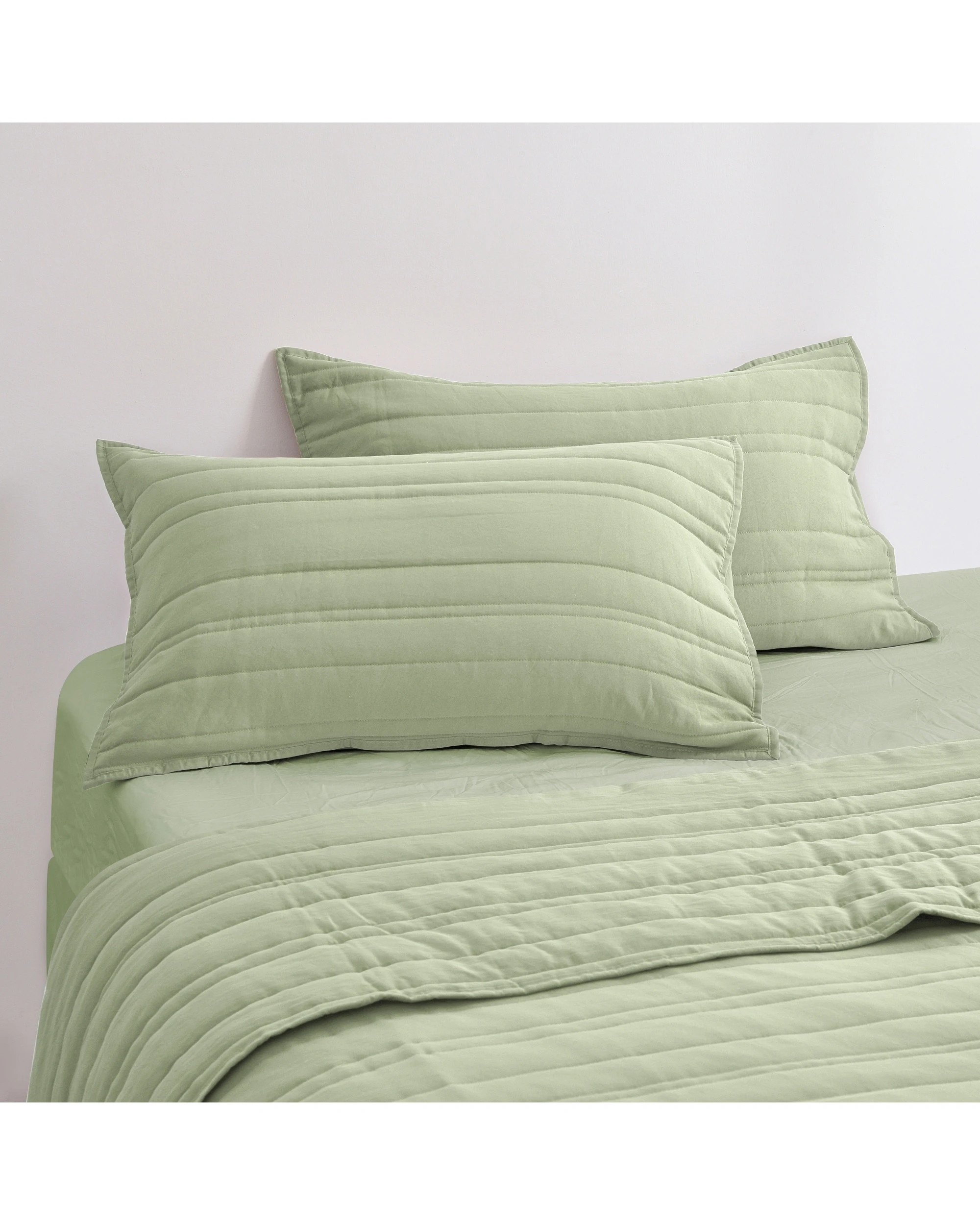 1 Dreamaker Superfine Washed Microfibre Stripe Quilted European Pillowcase Twin Pack - Sage Green, 1 of 6