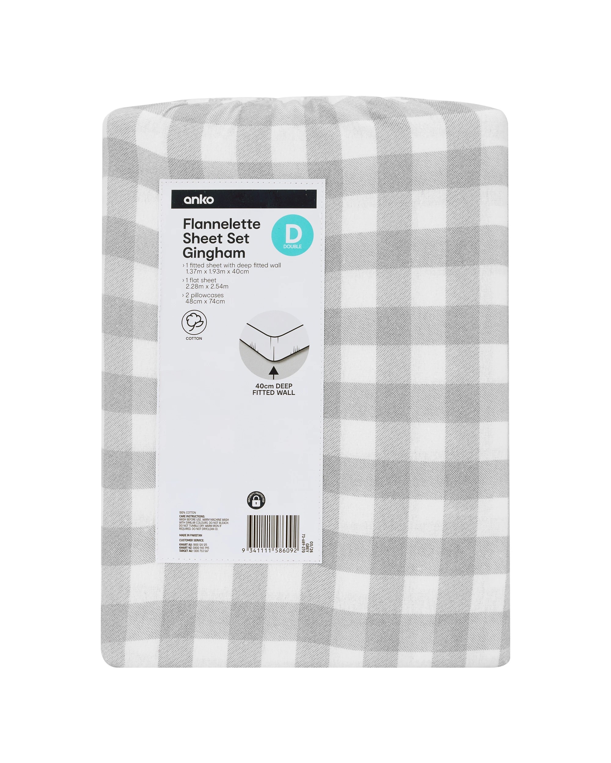 7 Gingham Cotton Flannelette Sheet Set - Double Bed, Grey, 7 of 7