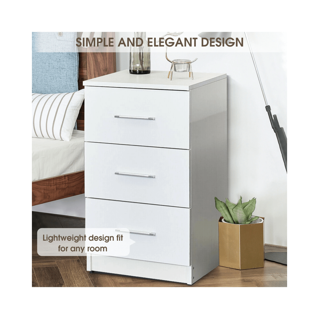 5 Advwin Bedside Table 3 Drawers 66cm Height Nightstand Storage Cabinet
 - White, 5 of 8