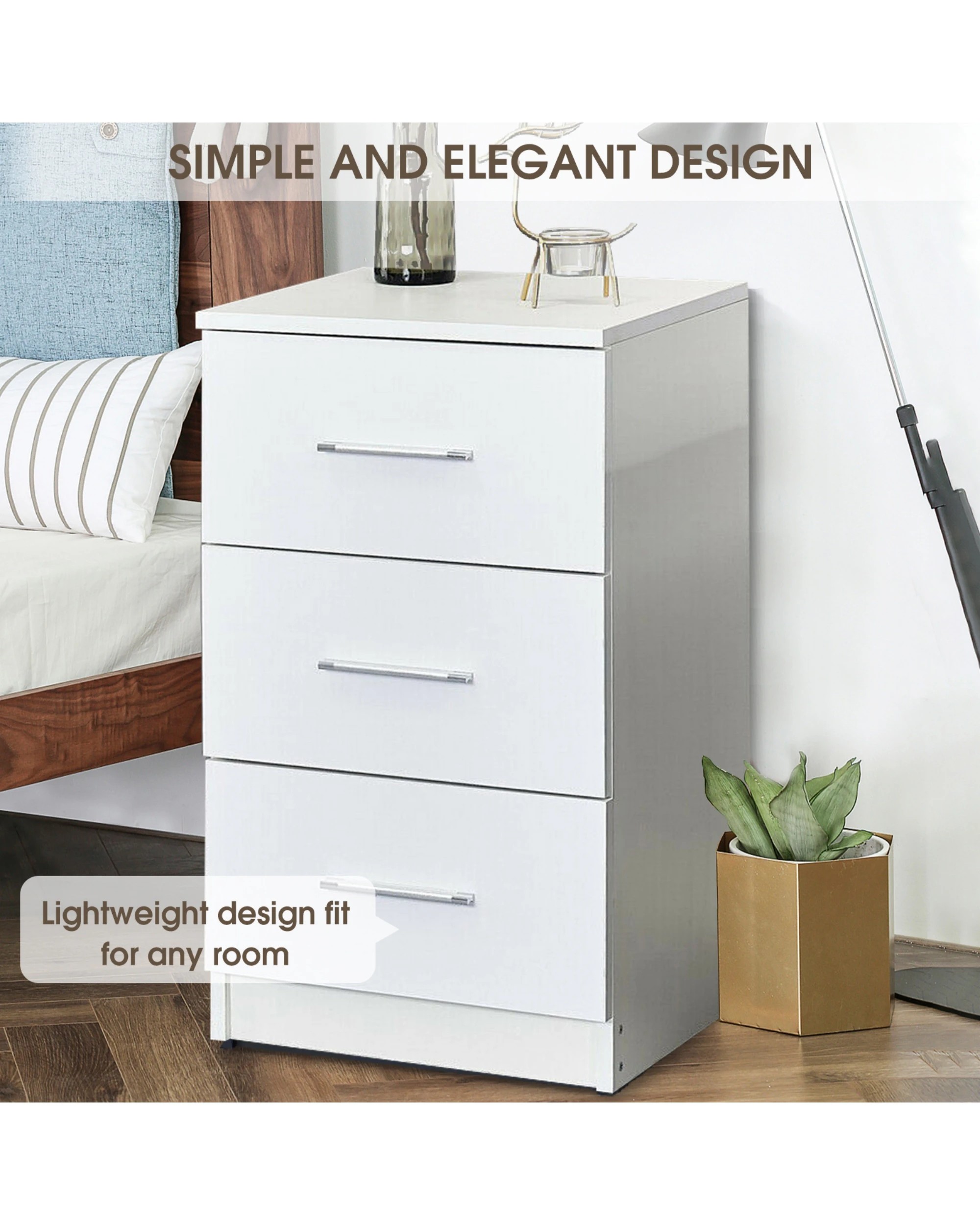 5 Advwin Bedside Table 3 Drawers 66cm Height Nightstand Storage Cabinet
 - White, 5 of 8