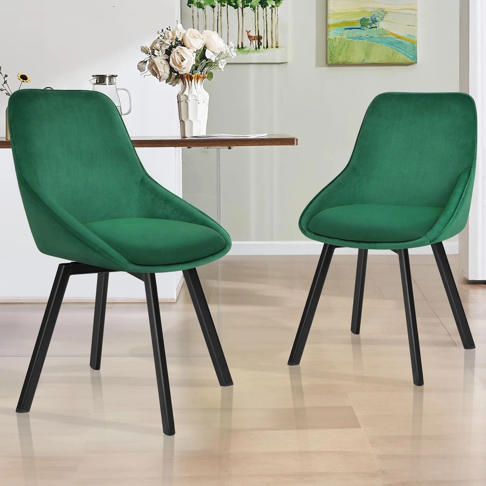 2 Alfordson 2x Dining Chairs Accent Kitchen Swivel Lounge Padded Seat Velvet - Green, 2 of 9