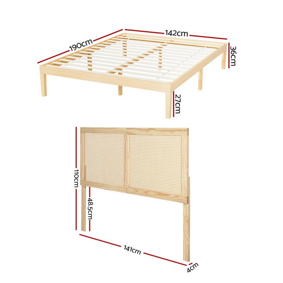 3 Artiss Bed Frame Double Size with Rattan Headboard Wooden Bed Base BRUNO - Multi, 3 of 7
