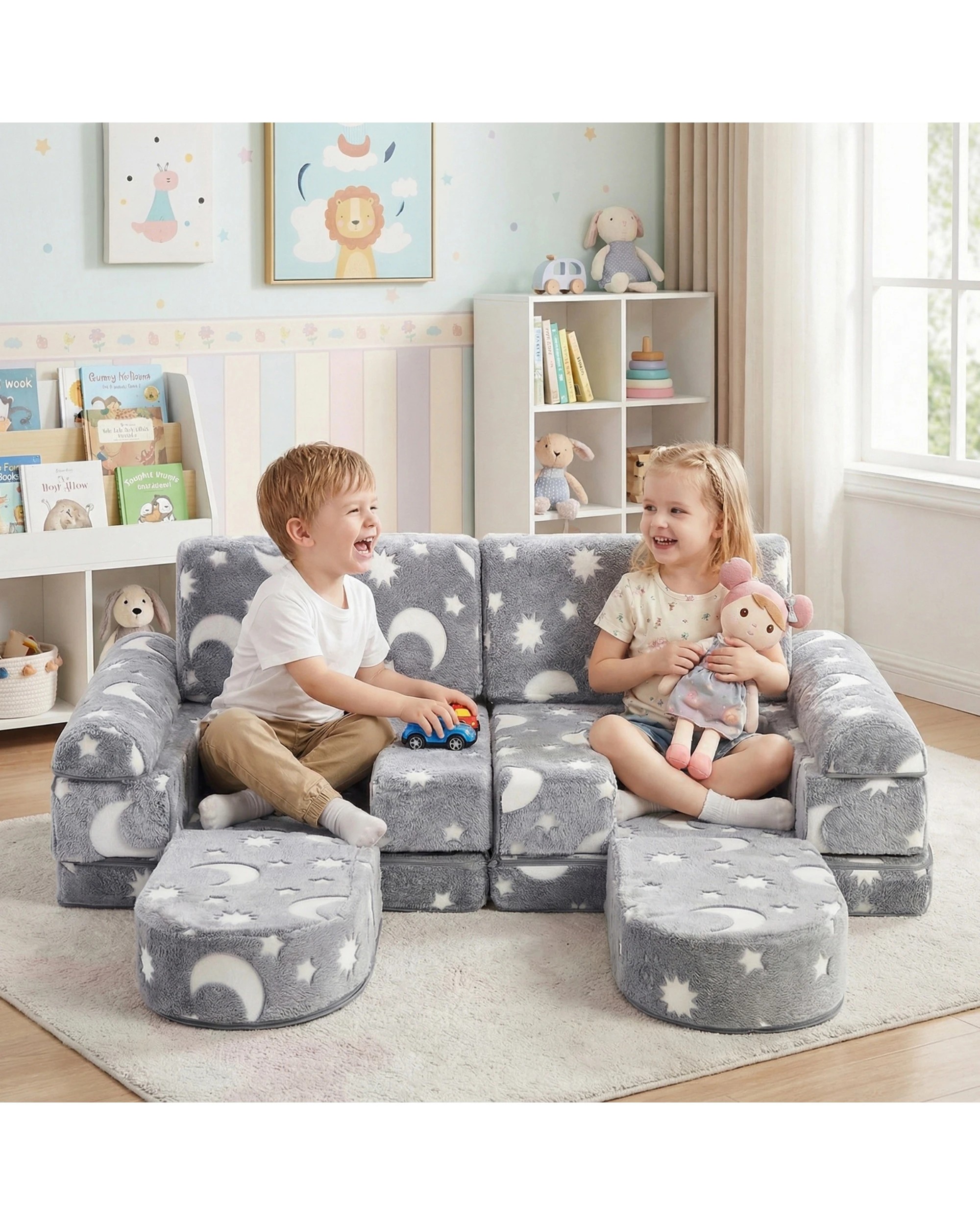 1 ADVWIN 10pcs Kids Modular Sofa Convertible Play Couch Children Sectional Sofa Floor Cushion - Grey, 1 of 10