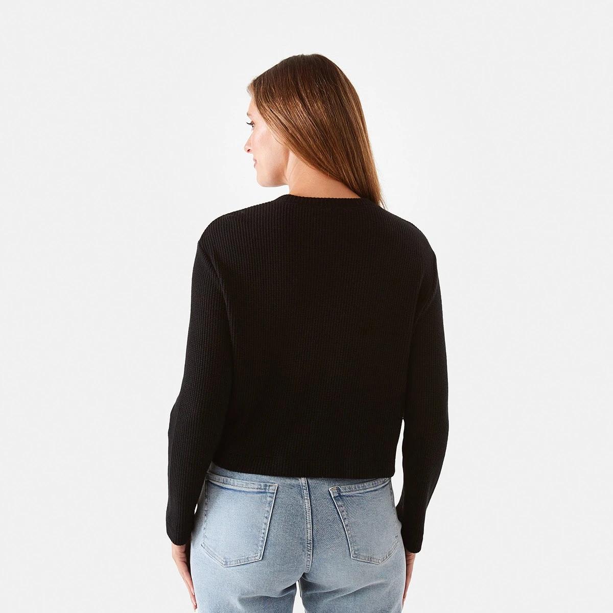 3 Long Sleeve Waffle Crew Neck Crop Top Black, 3 of 6