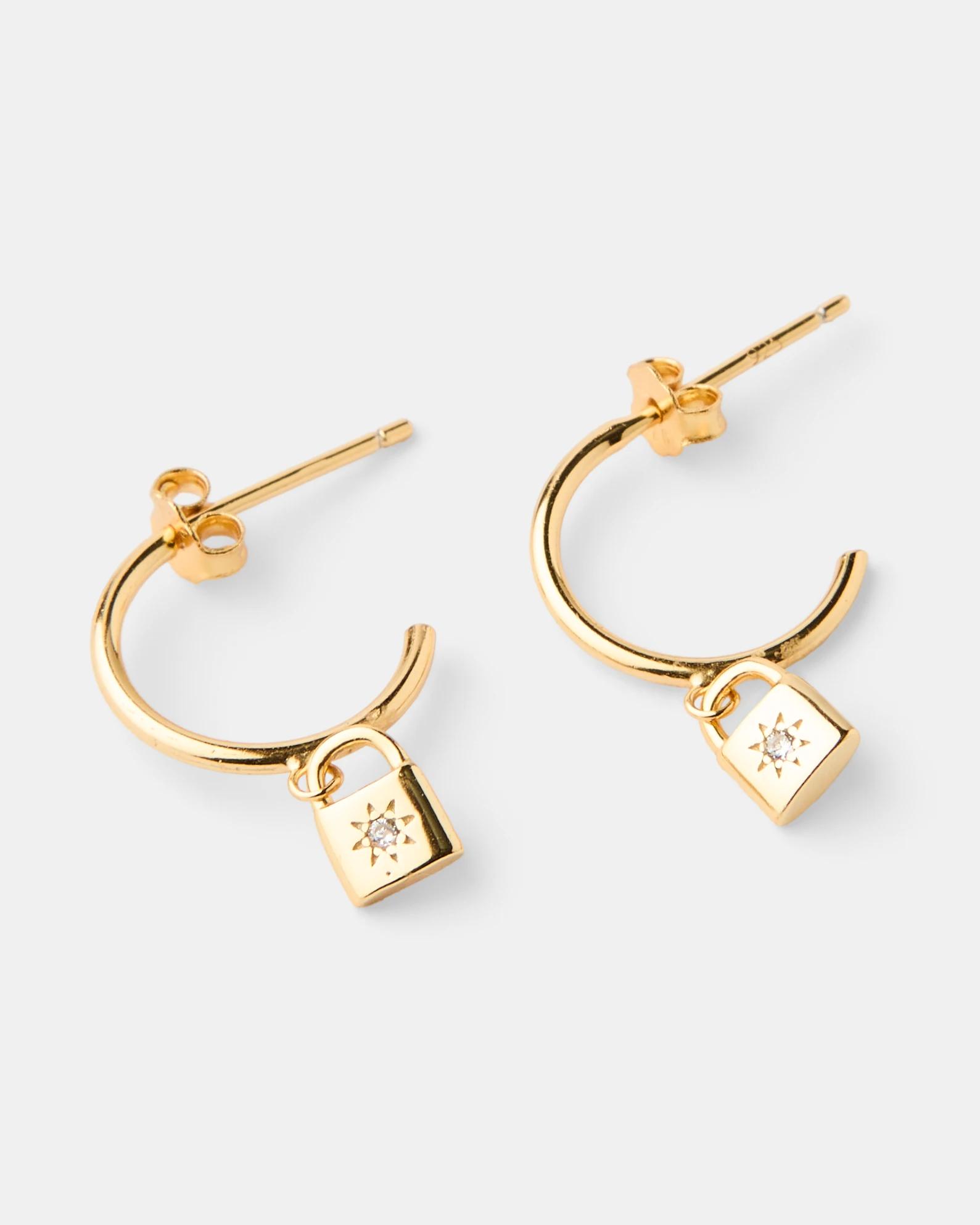 2 Gold Plated Sterling Silver 925 Cubic Zirconia Lock Huggie Hoop Earrings Gold, 2 of 4