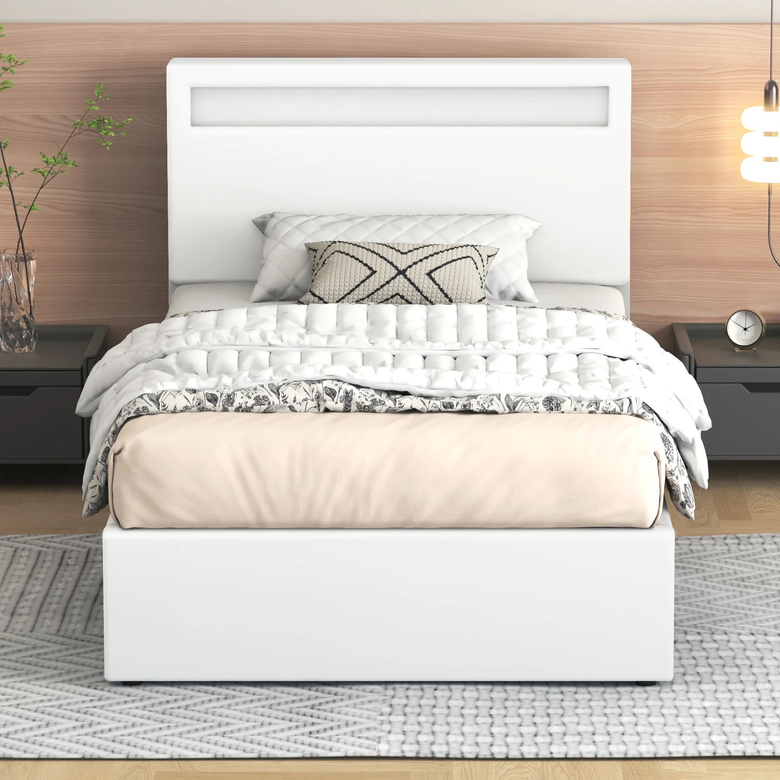 3 Alfordson Bed Frame Single Size RGB LED Gas Lift Storage Base Luchino - White, 3 of 10