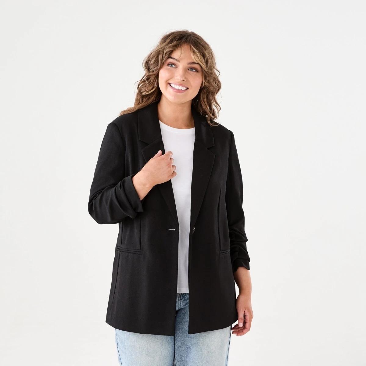 1 Ruched Sleeve Blazer BLACK, 1 of 7