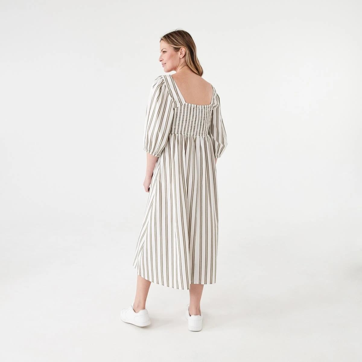 3 Short Sleeve Shirred Bodice Midi Dress TAYLOR STRIPE BURNT OLIVE, 3 of 6