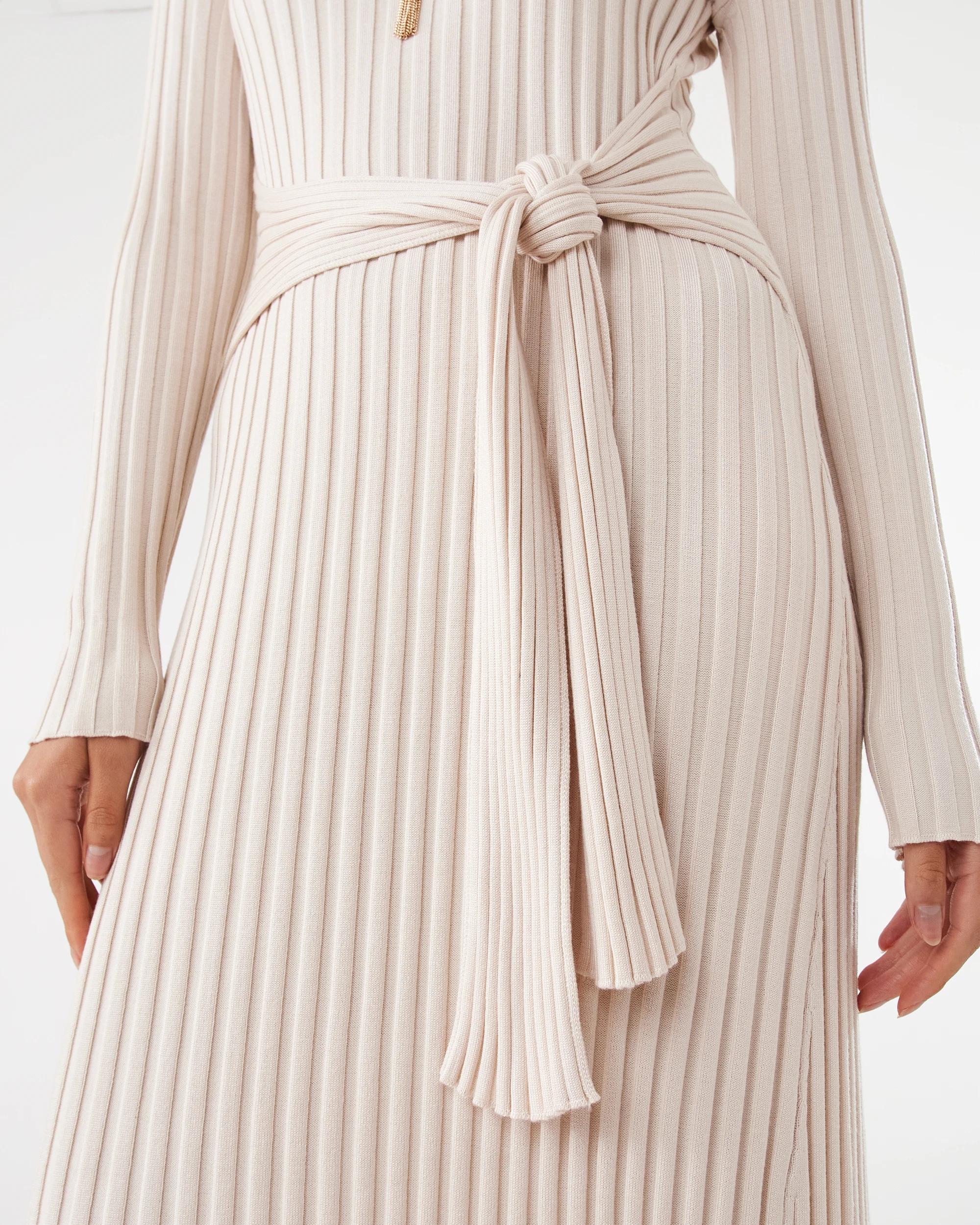 6 Long Sleeve Waist Tie Maxi Dress Nat Beige, 6 of 7