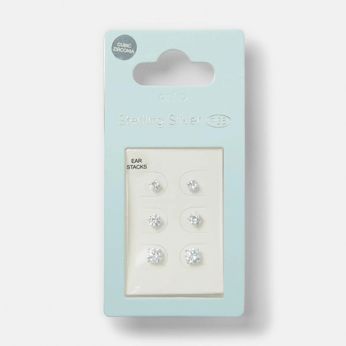 5 3 Pack Sterling Silver Diamante Stud Earrings Silver, 5 of 5