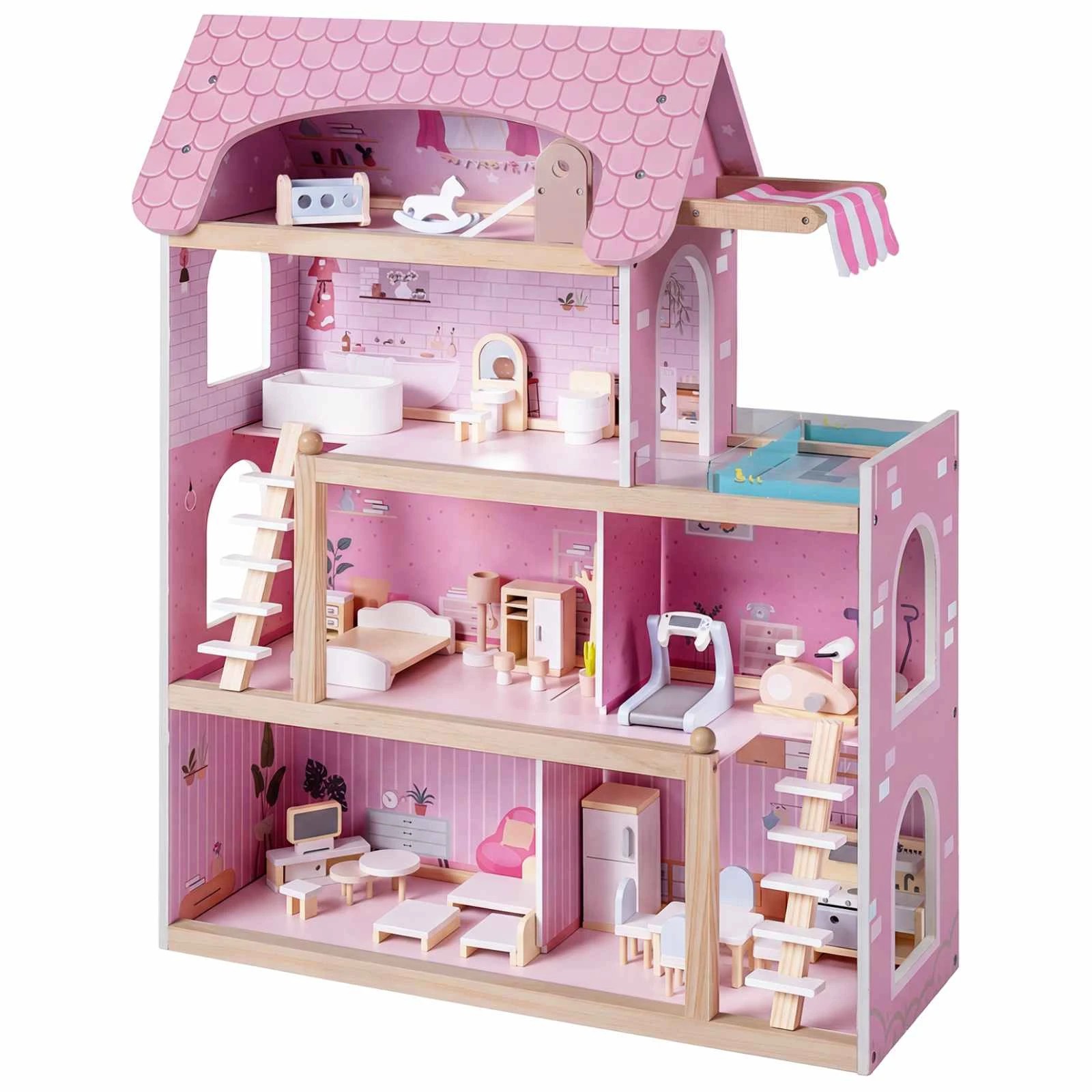 1 Costway Wooden Doll House Dollhouse Playset DIY Pretend Play Toy - Pink, 1 of 3