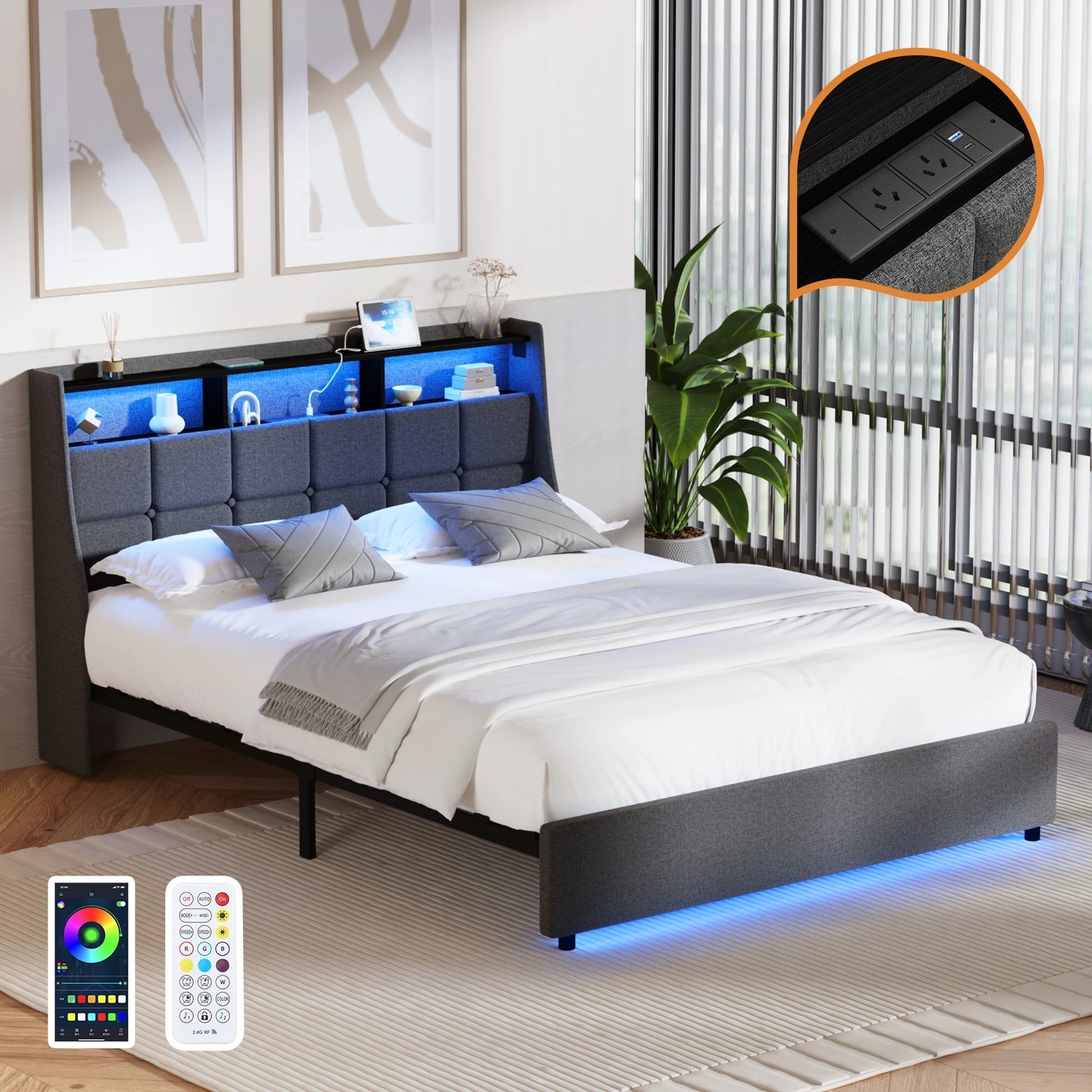 3 Oikiture Double Size Bed Frame LED Storag Headboard & Charging Station - Grey, 3 of 7