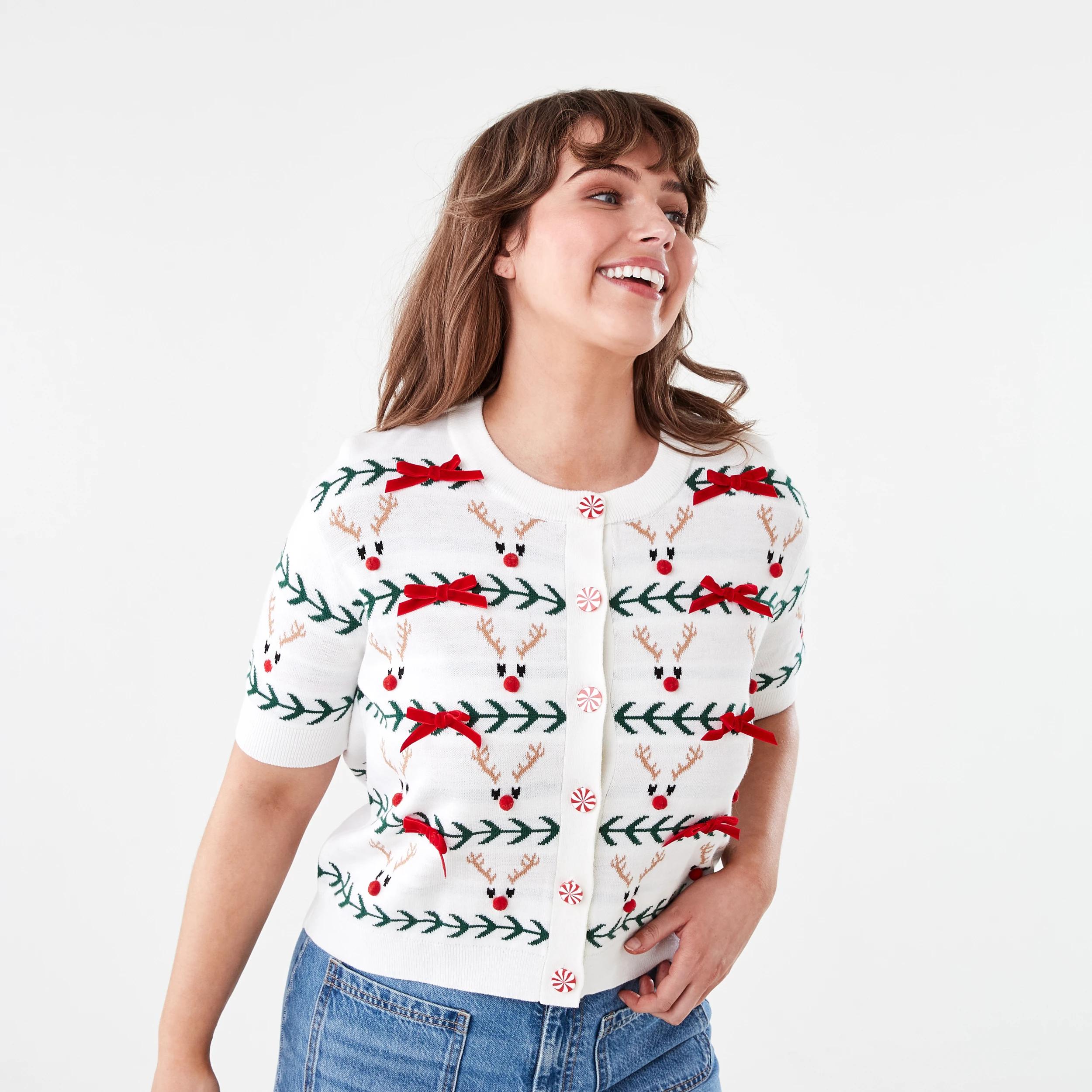 2 Short Sleeve Christmas Cardigan XMAS DEER ECRU, 2 of 7