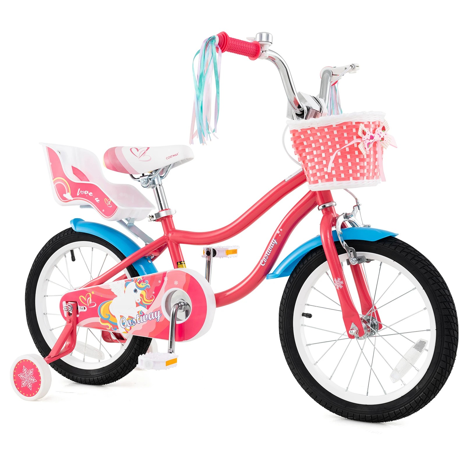 1 Costway 40cm Kids Bike Adjustable Bicycle w/Basket Doll Seat & Training Wheel - Pink, 1 of 2
