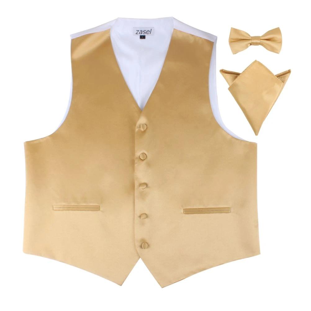 1 Zasel Mens Plain Vest Waistcoat & Matching Bow Tie & Pocket Square GOLD, 1 of 1