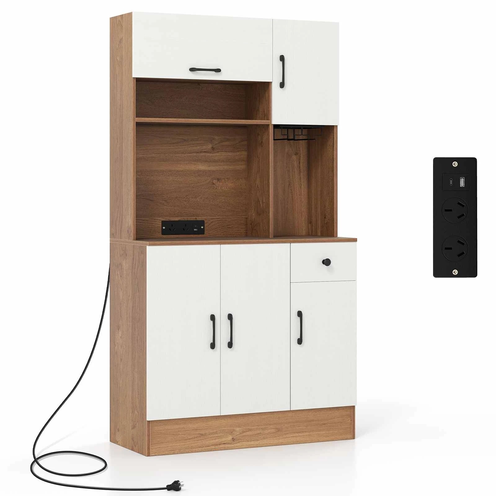 1 Costway 167cm Pantry Cupboard Buffet Sideboard w/Power Outlet - Natural, 1 of 1