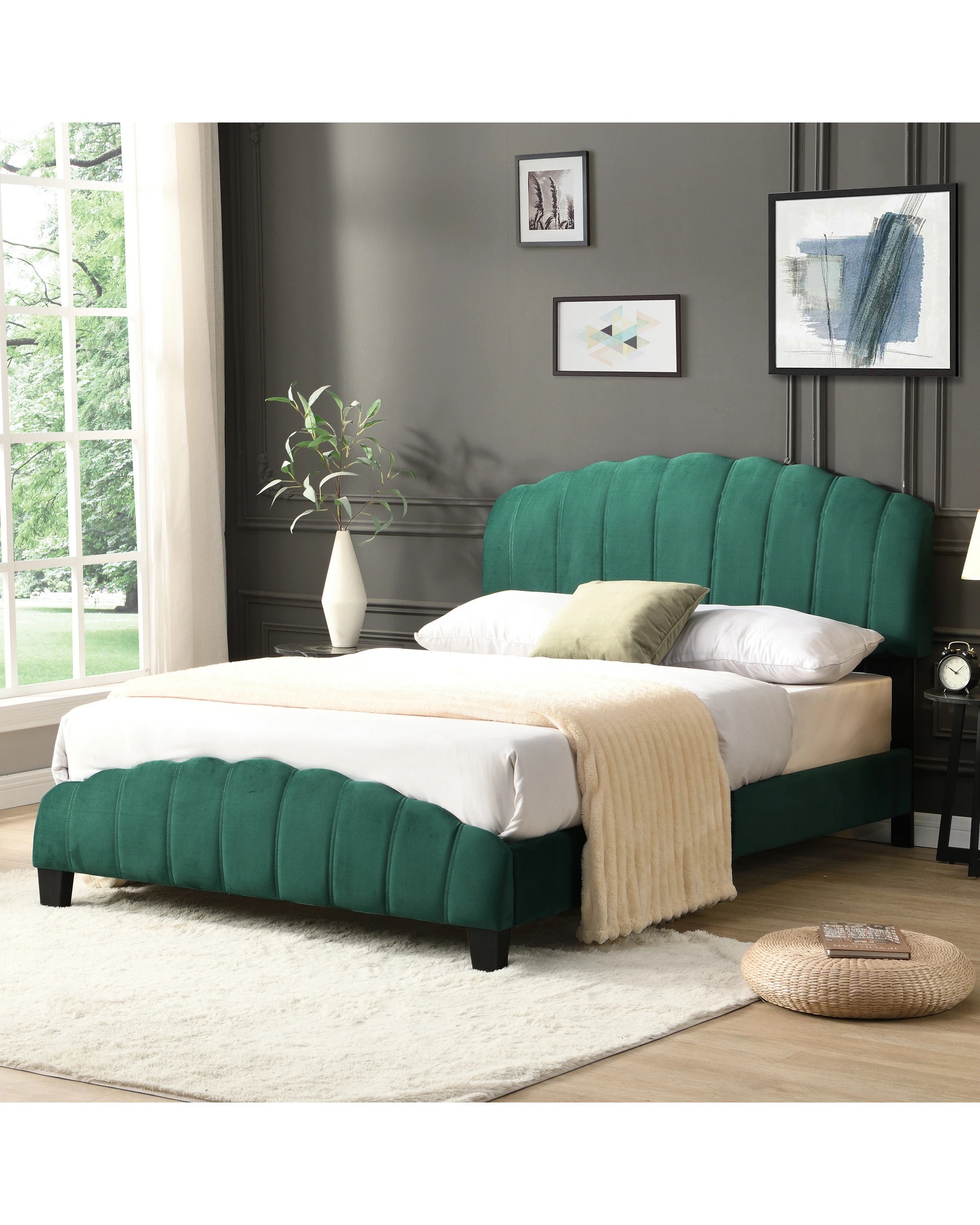 3 IHOMDEC BEF04 Queen Shell-Style Bed Frame - Green - Green, 3 of 10
