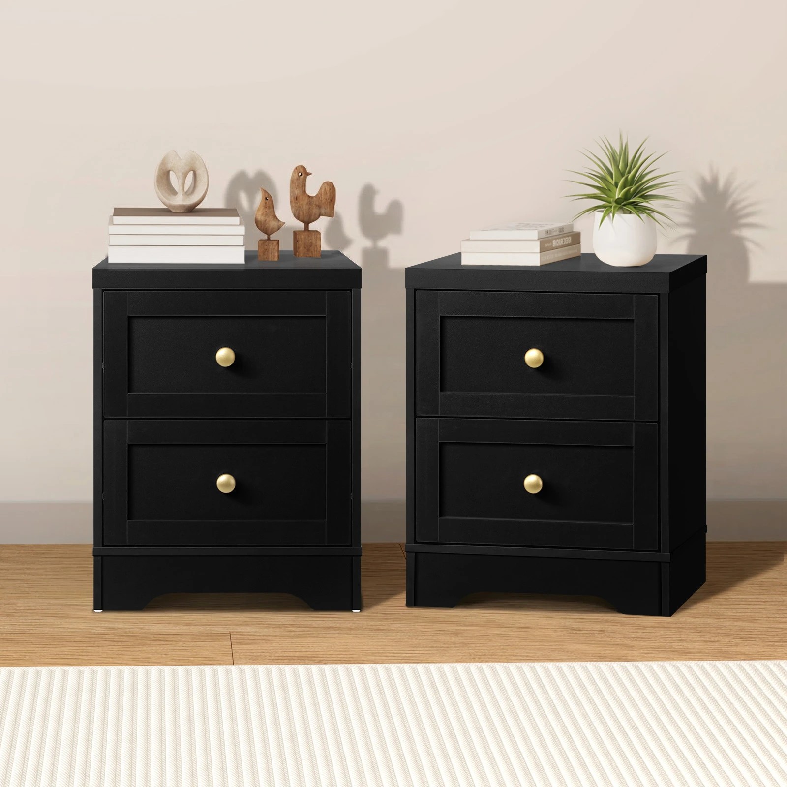 3 Oikiture 2 X Bedside Tables Hamptons Furniture Storage Cabinet - Black, 3 of 8