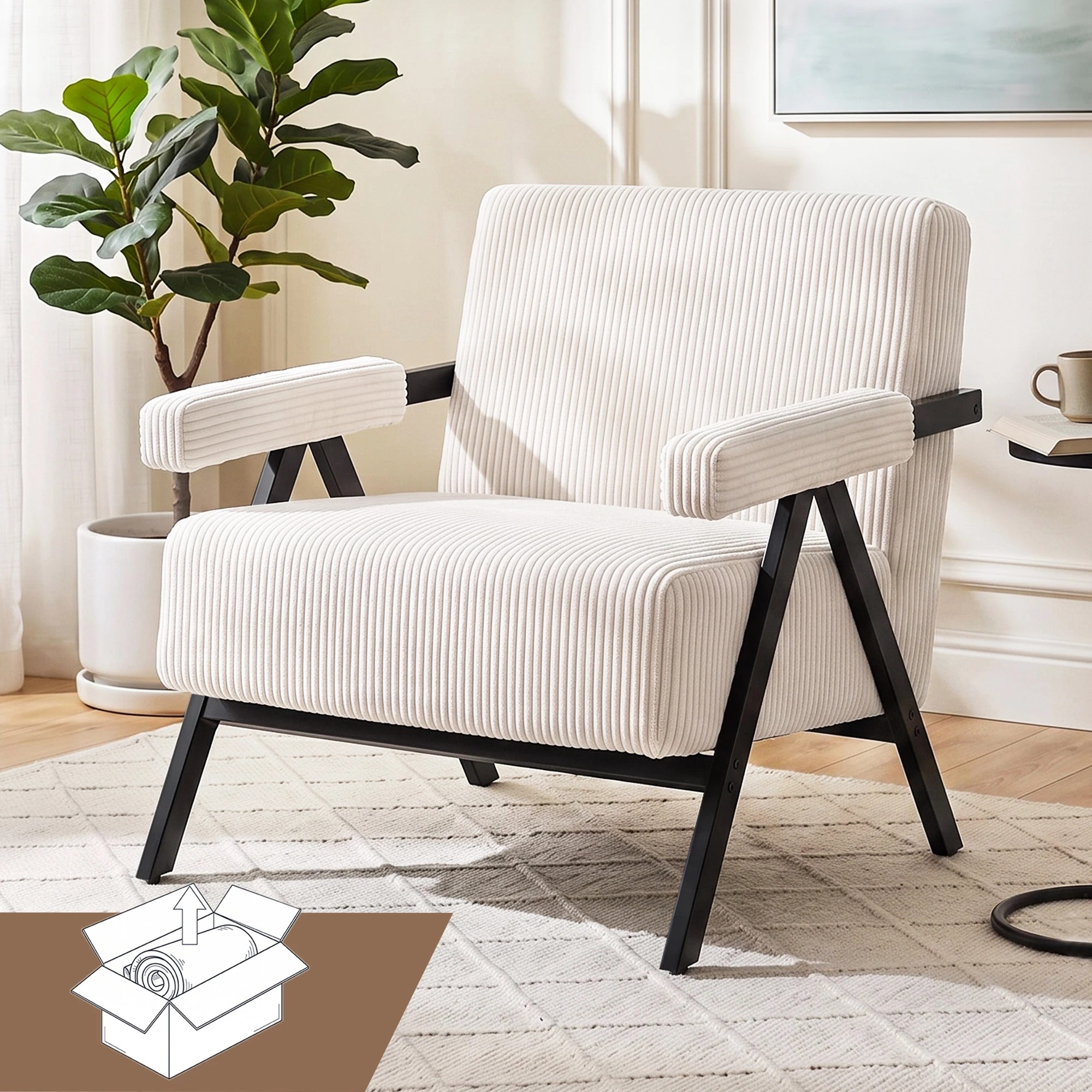2 Artiss Compressed Armchair White Corduroy Accent Chair for Small Space - White, 2 of 7