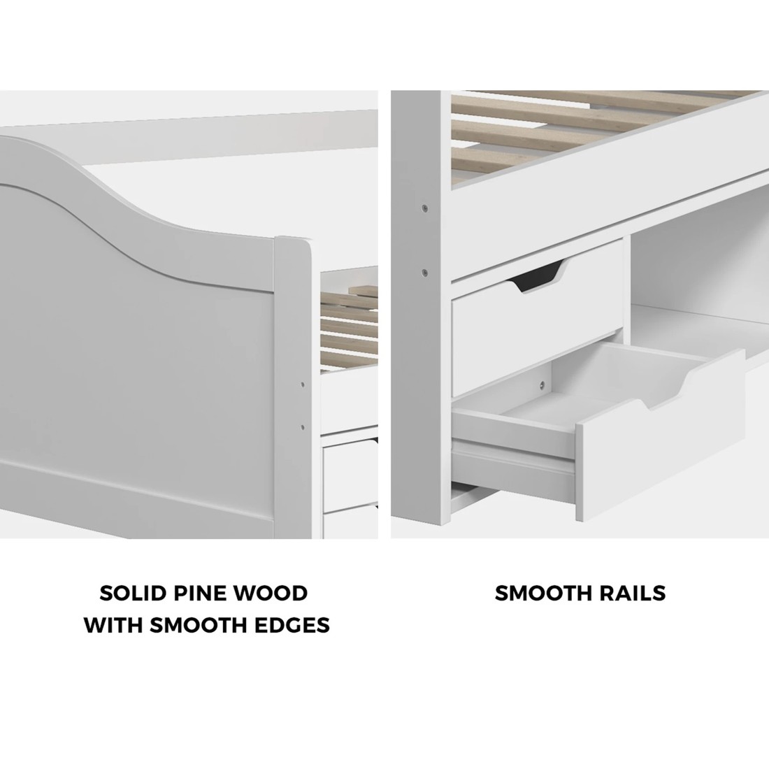 6 Oikiture Kids Bed Frame Single Daybed With Trundle Storage Drawers Timber
 - White, 6 of 10