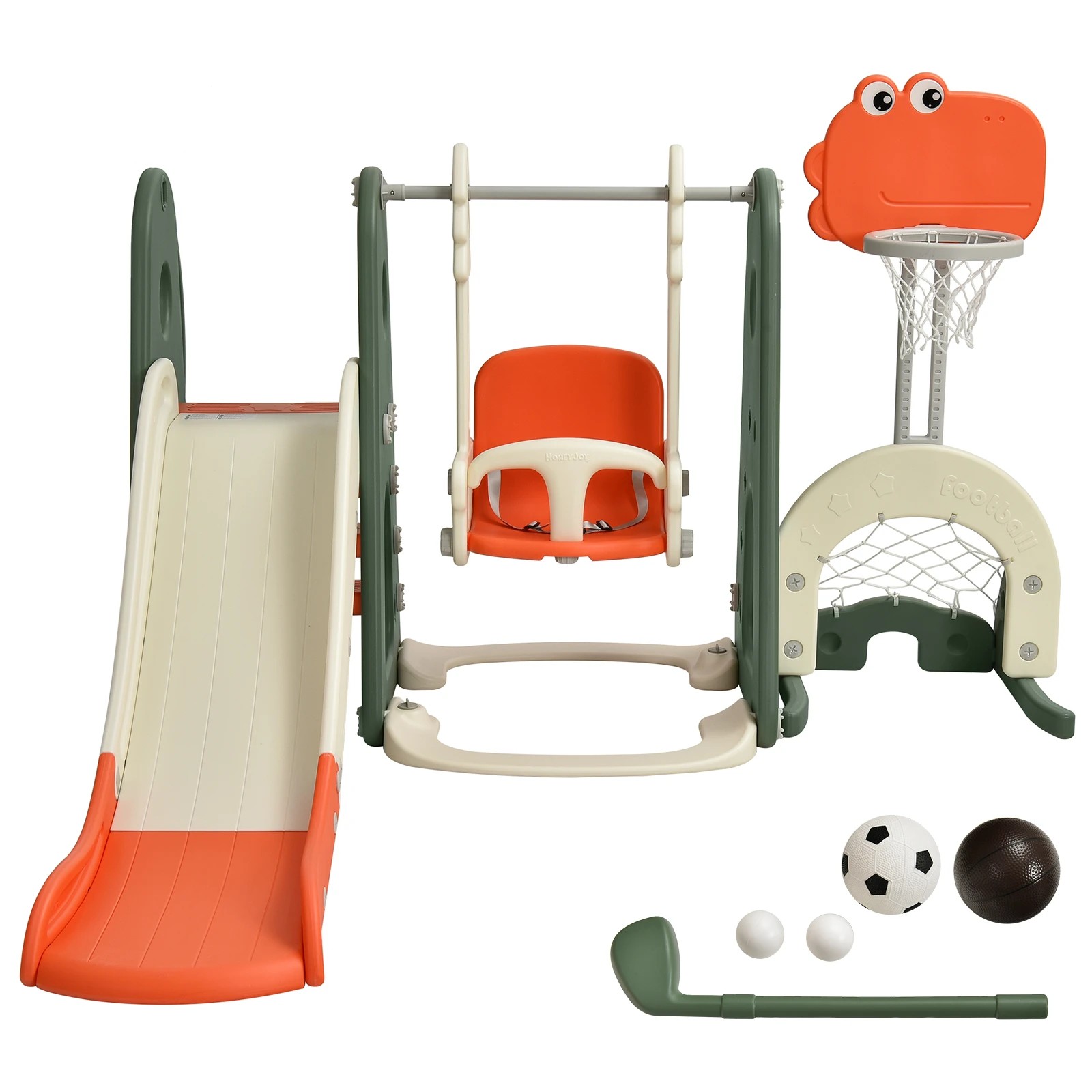 1 Costway All-in-1 Climb Slide Swing Playset Basketball Hoop Indoor Playground - Orange, 1 of 2