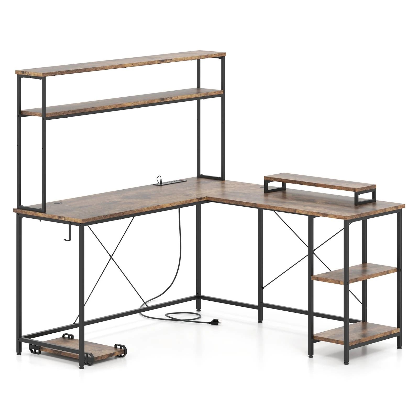 1 Costway Reversible L-Shaped Gaming Desk w/Power Outlets LED Computer Corner Desk, 1 of 1